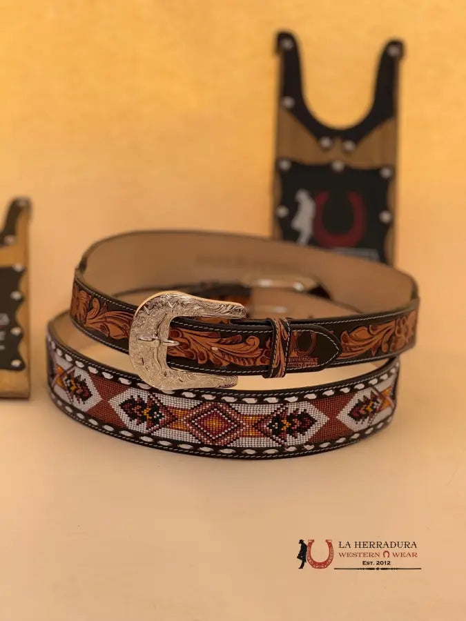 La Herradura Aztec Orange White Handtooled New Design Belt Cinturones Hombres