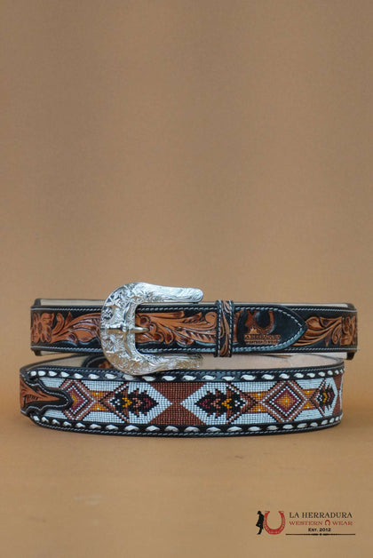 Cinturón de nuevo diseño AZTEC ORANGE WHITE hecho a mano de LA HERRADURA