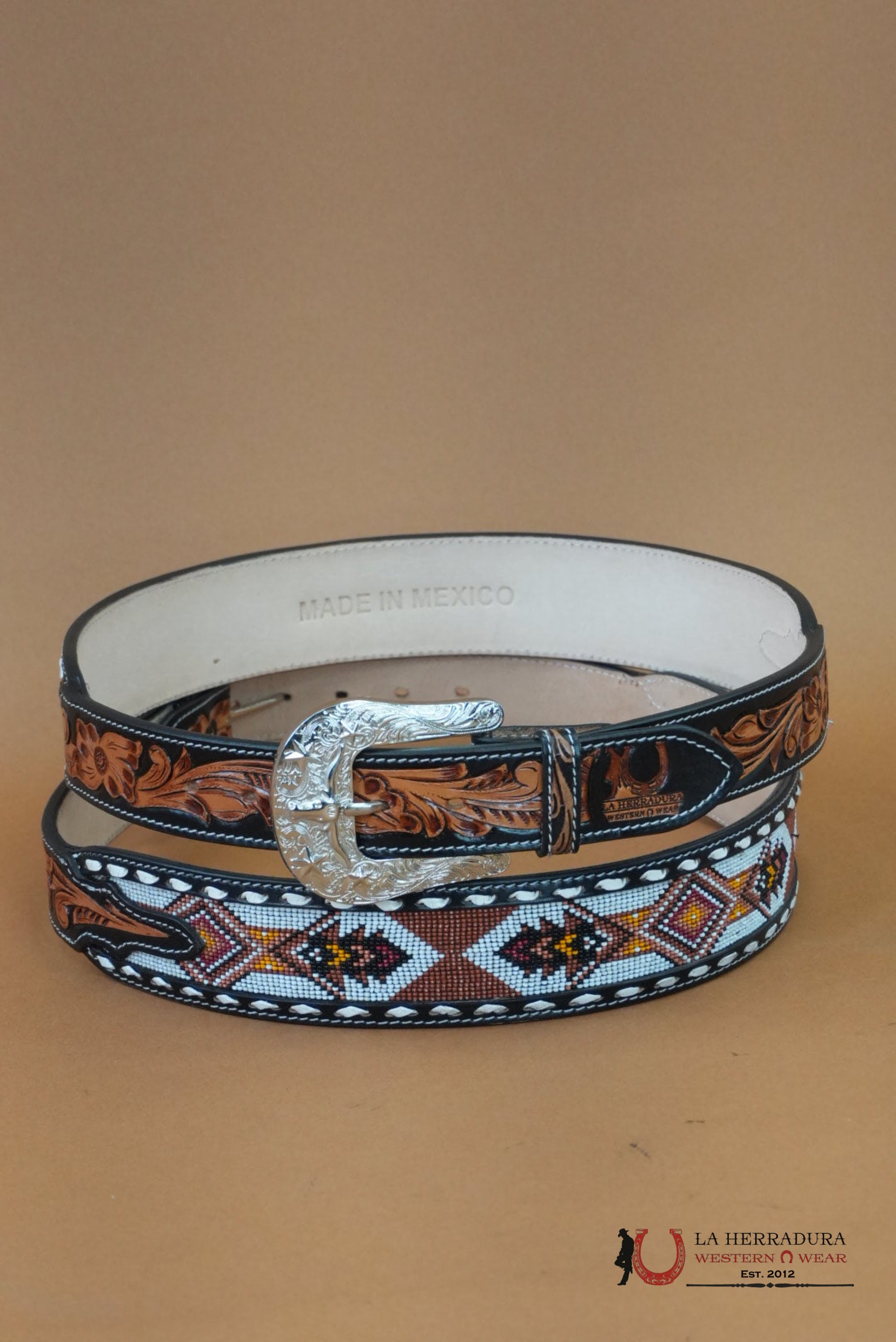 LA HERRADURA AZTEC ORANGE WHITE HANDTOOLED NEW DESIGN BELT CINTURONES HOMBRES