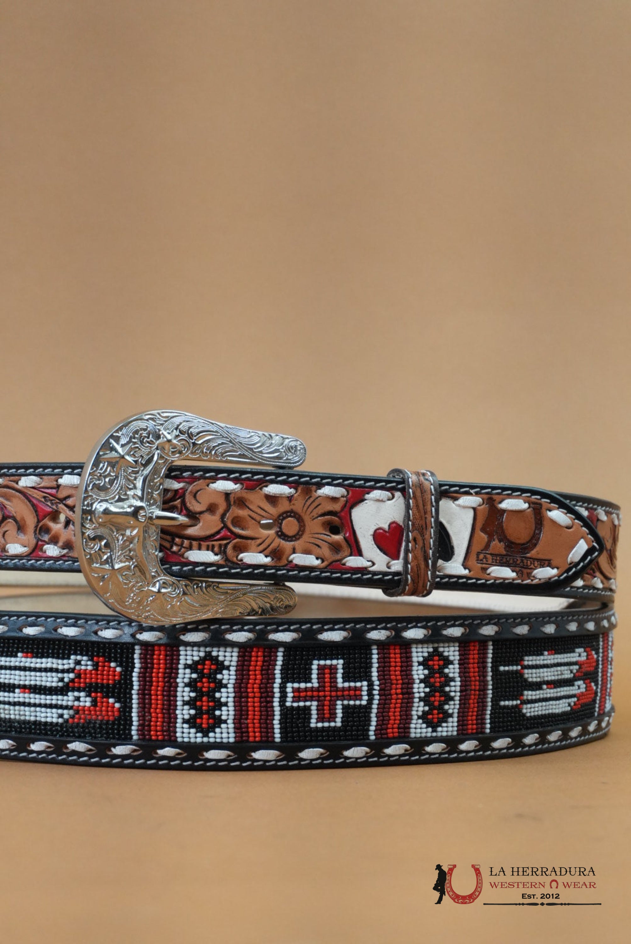 LA HERRADURA AZTEC RED BLACK CARDS&CROSS HANDTOOLED NEW DESIGN BELT