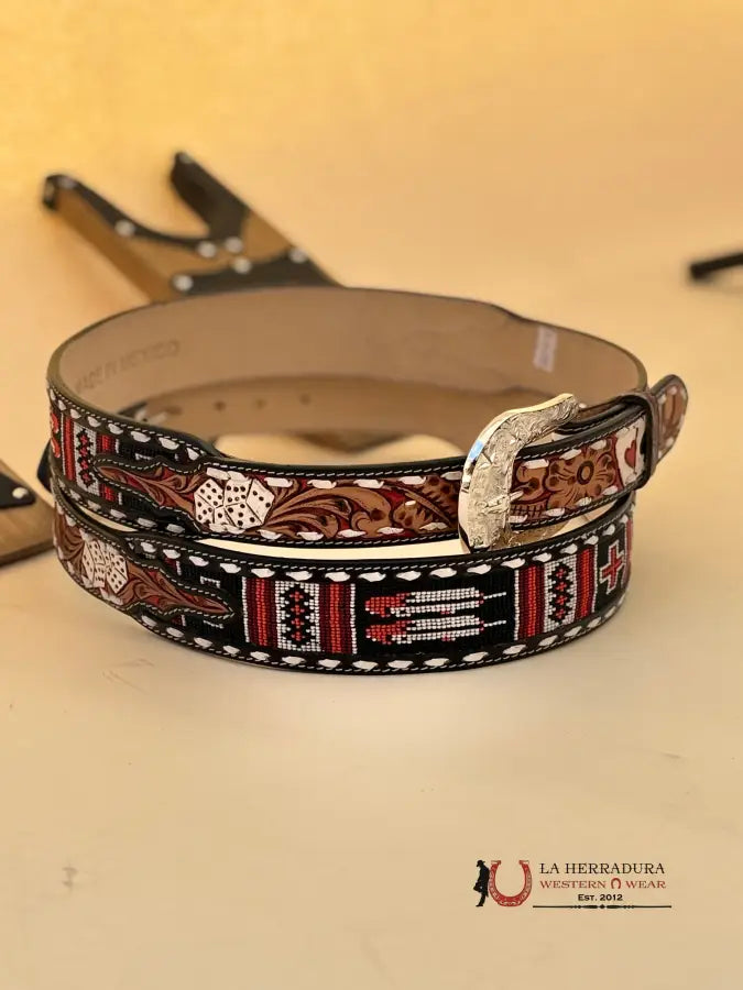 La Herradura Aztec Red Black Cards&Cross Handtooled New Design Belt Cinturones Hombres