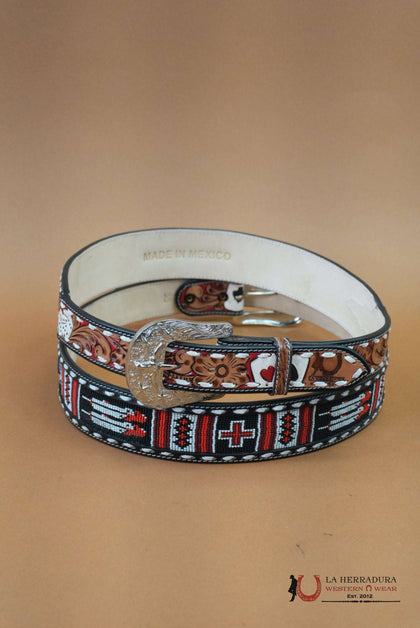 CINTURÓN DE NUEVO DISEÑO HECHO A MANO LA HERRADURA AZTEC ROJO NEGRO CARTAS&CRUZ