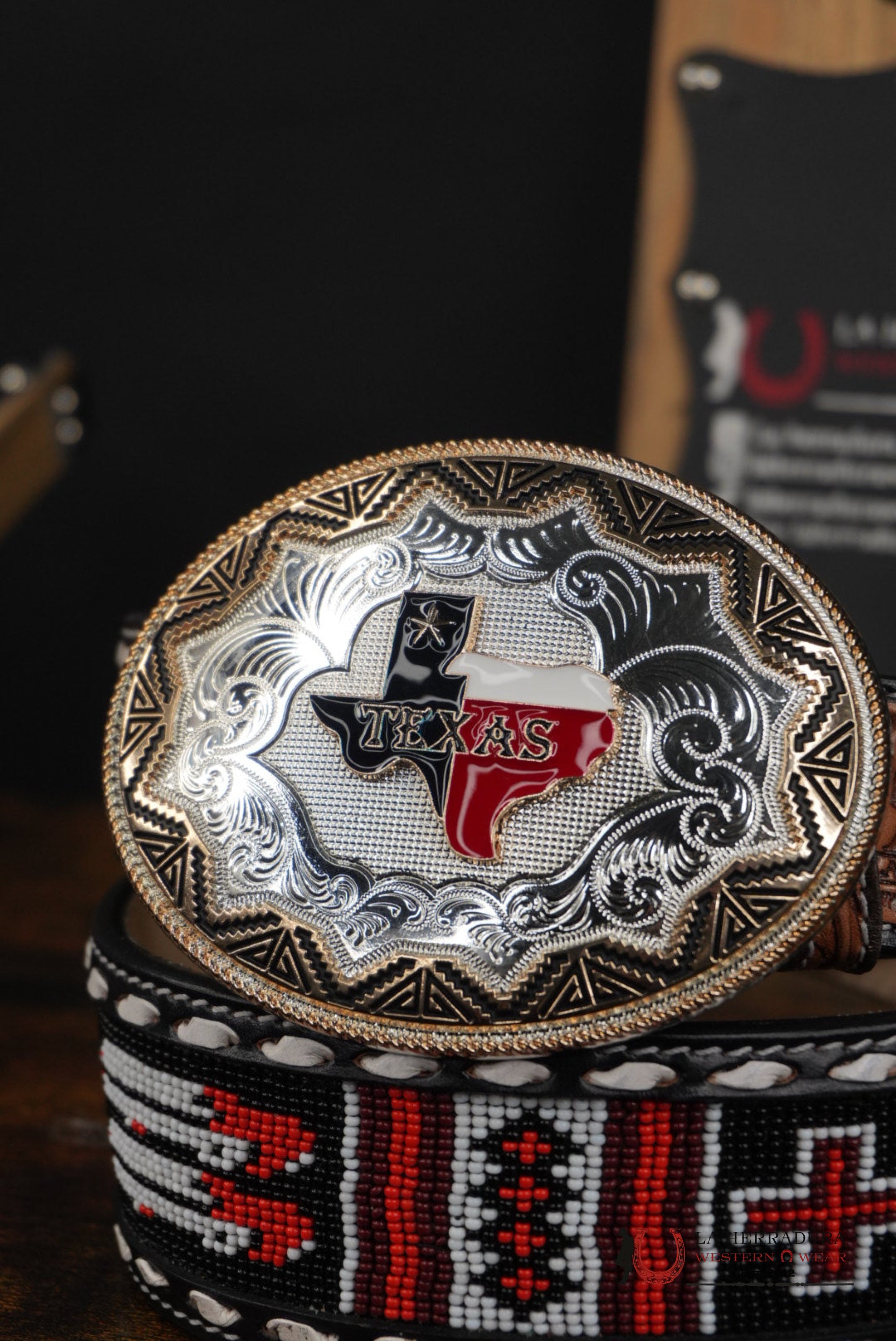 LA HERRADURA AZTEC RED BLACK CARDS&CROSS HANDTOOLED NEW DESIGN BELT