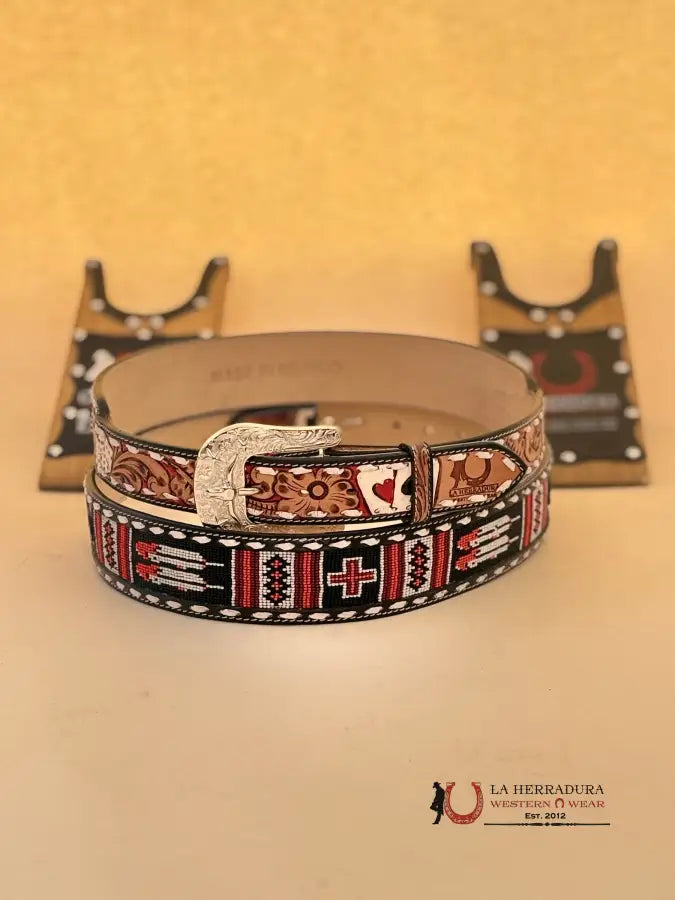 La Herradura Aztec Red Black Cards&Cross Handtooled New Design Belt Cinturones Hombres