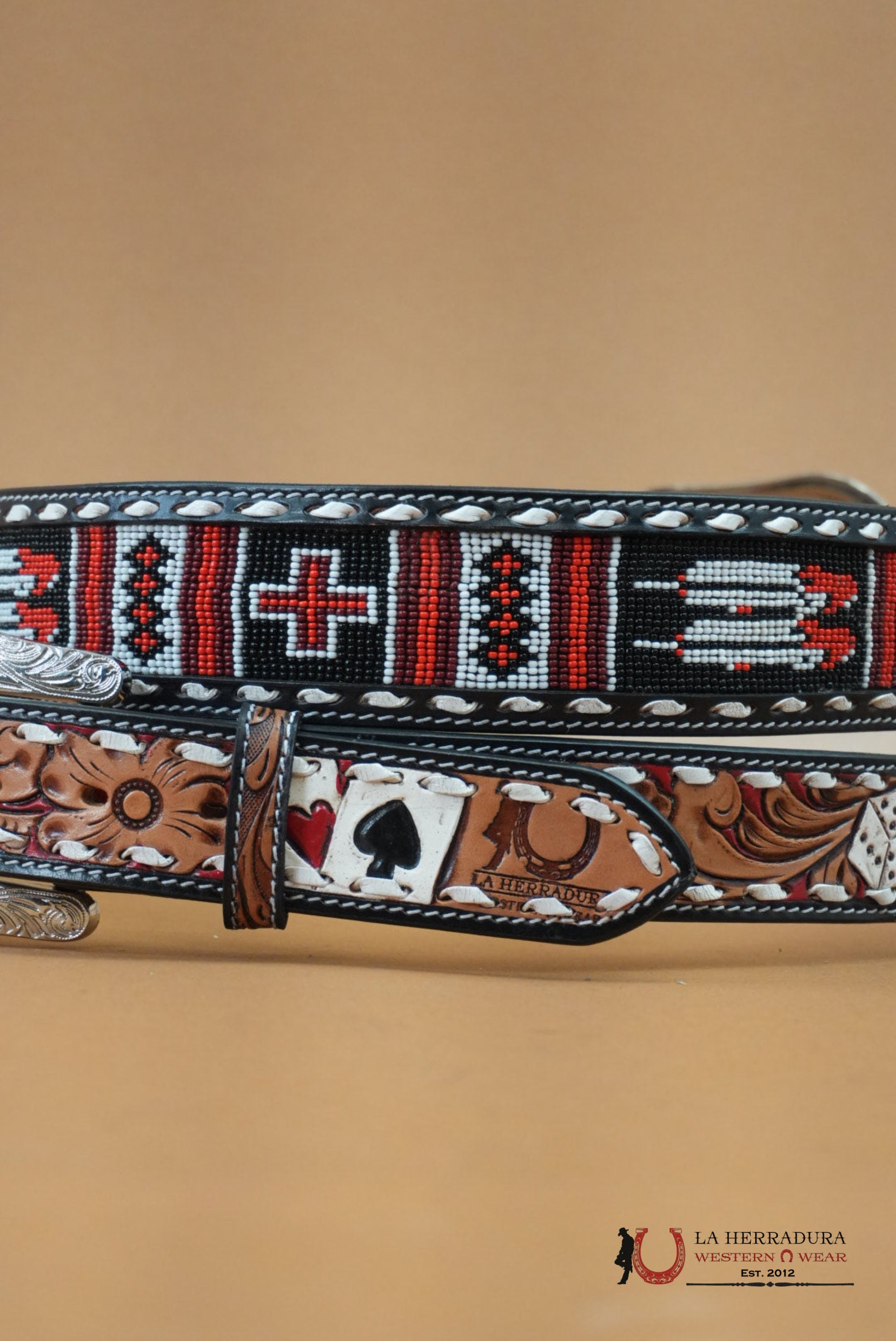 LA HERRADURA AZTEC RED BLACK CARDS&CROSS HANDTOOLED NEW DESIGN BELT CINTURONES HOMBRES