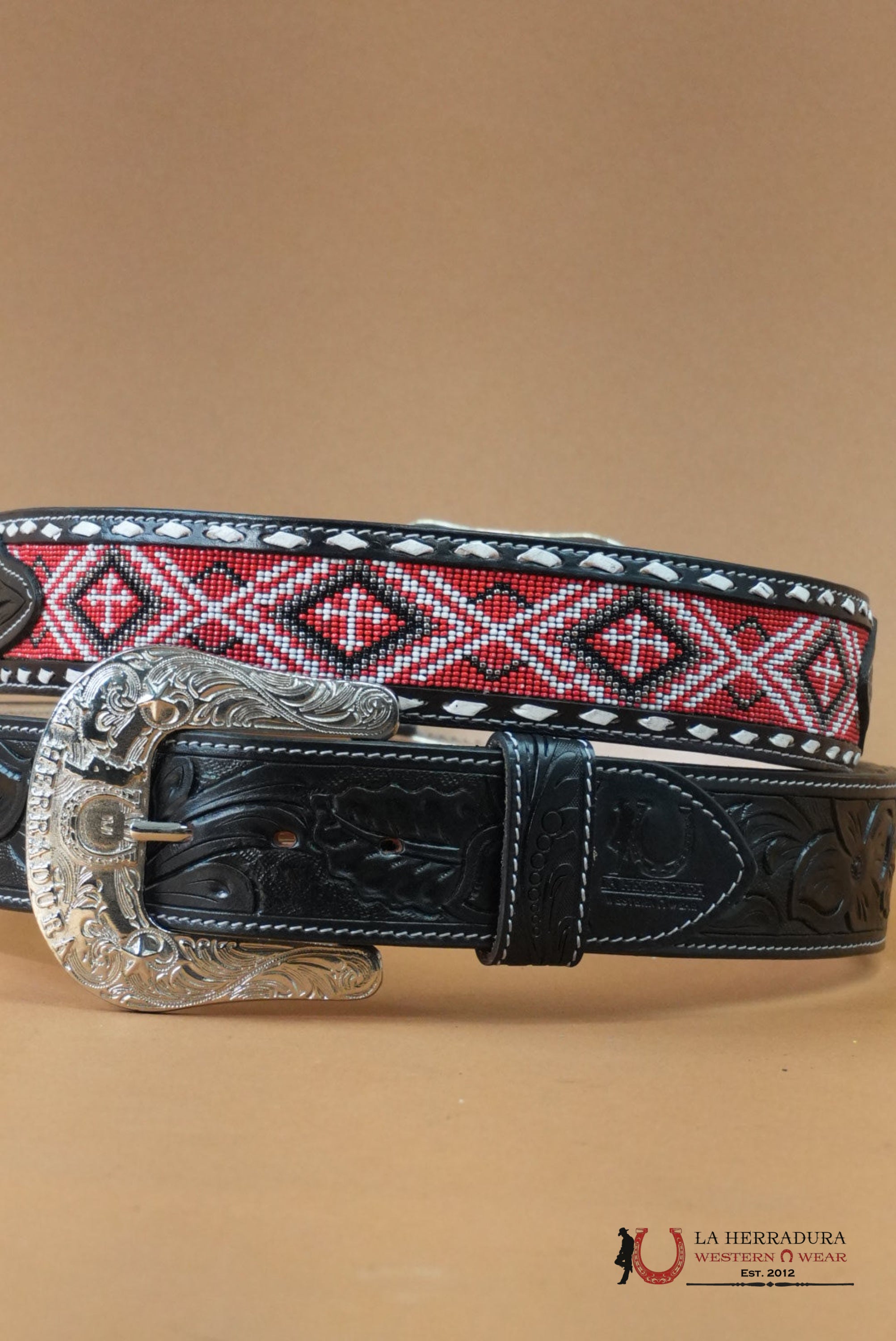 LA HERRADURA AZTEC RED HANDTOOLED 2 INCH BELT CINTURONES HOMBRES