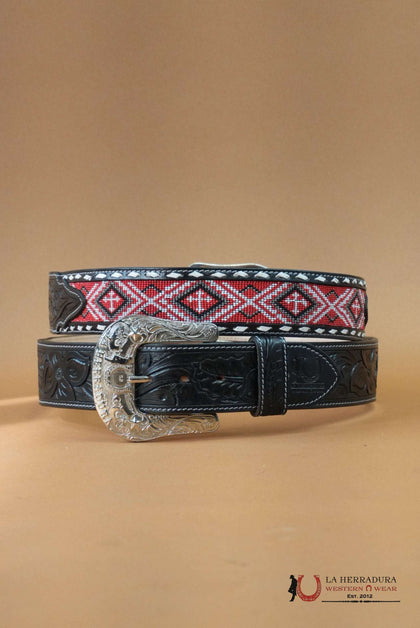 LA HERRADURA AZTEC CINTURÓN NEGRO DE 2 PULGADAS BORDADO A MANO ROJO/NEGRO