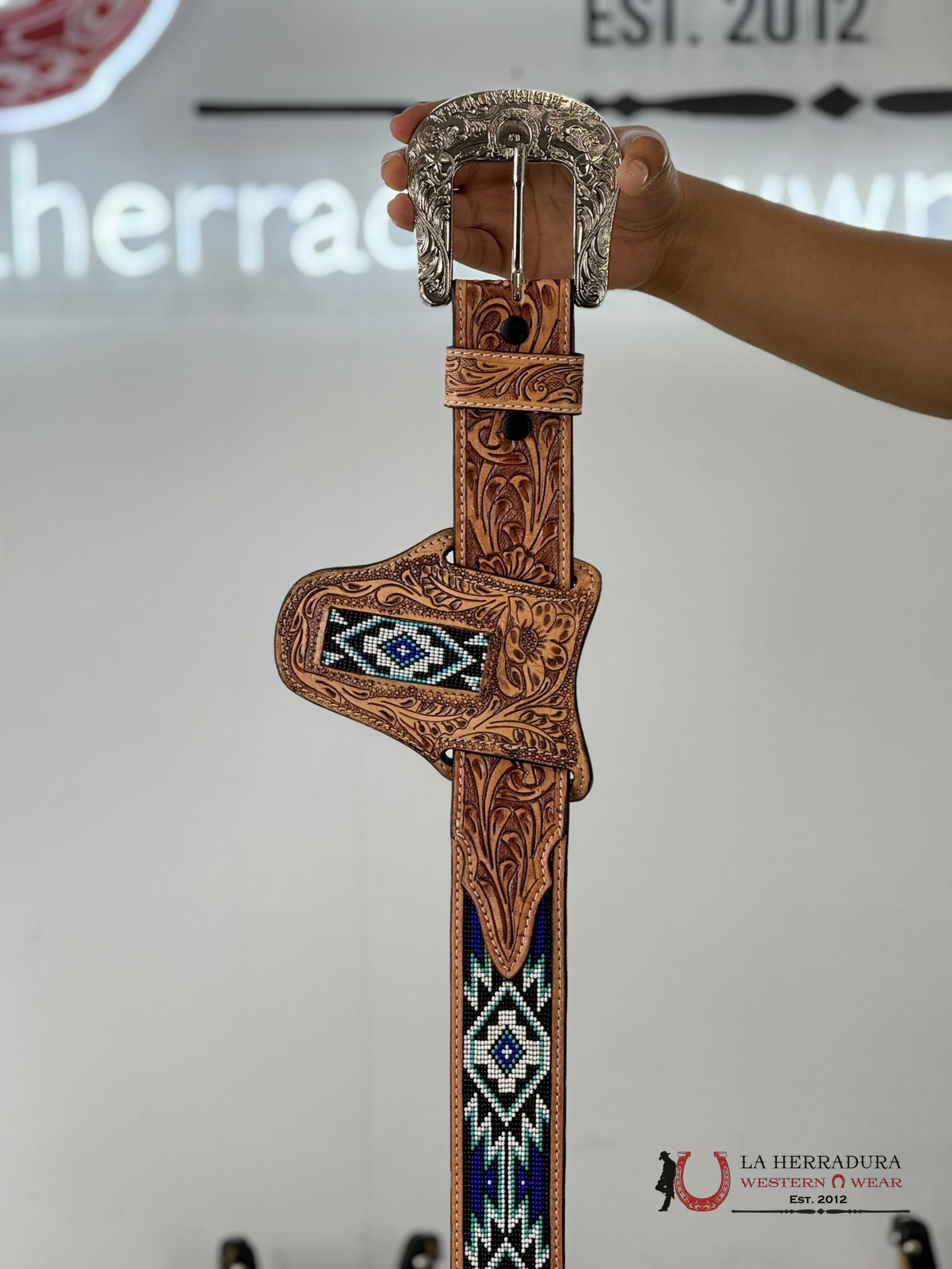 La Herradura Aztec Royal Blue Handtooled 2 Inch Belt 34 Belt/Knife Sheath Cinturones Hombres