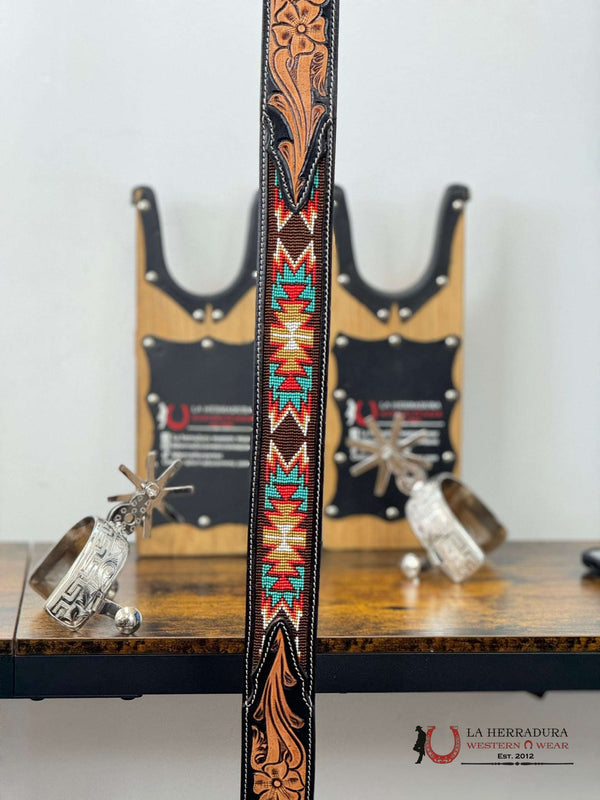 LA HERRADURA AZTEC TEAL RED HANDTOOLED 2 INCH BELT