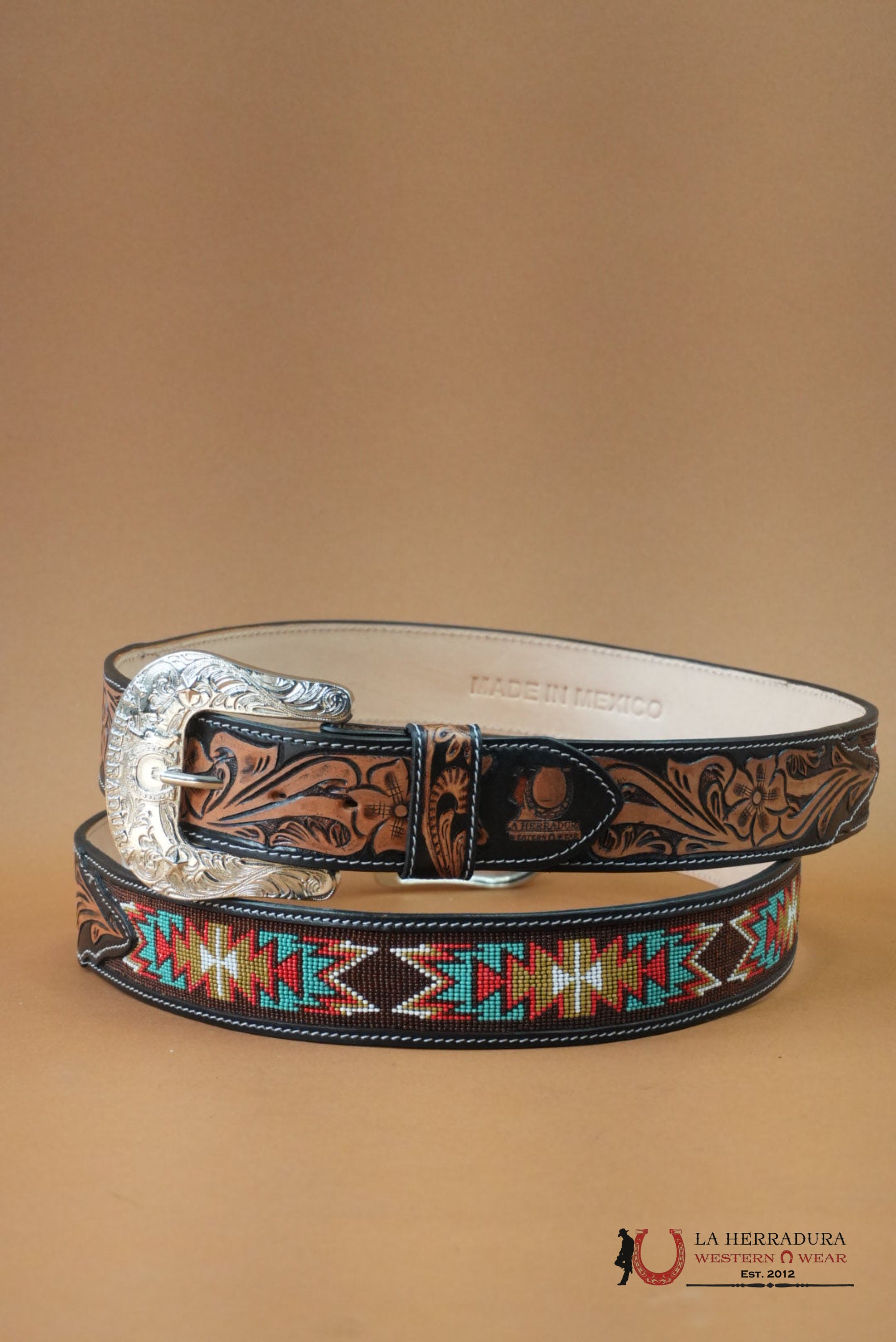 LA HERRADURA AZTEC TEAL RED HANDTOOLED 2 INCH BELT CINTURONES HOMBRES
