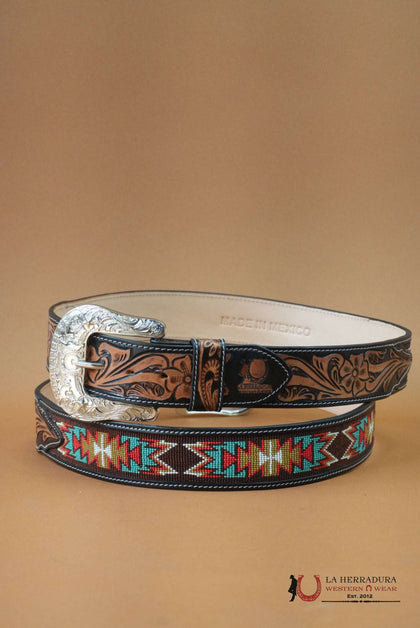Cinturón LA HERRADURA AZTEC TEAL ROJO Cincelado a Mano de 2 Pulgadas