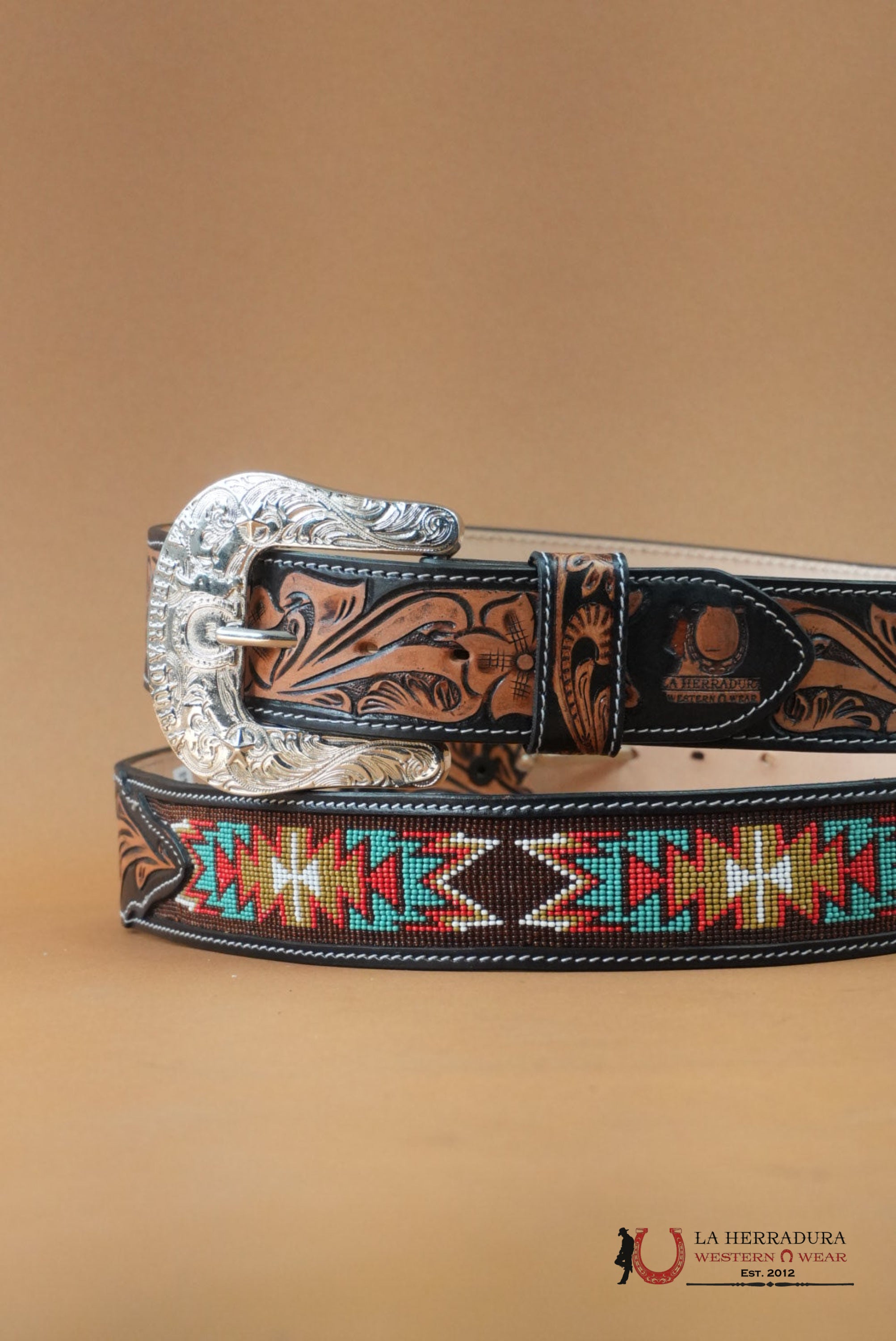 LA HERRADURA AZTEC TEAL RED HANDTOOLED 2 INCH BELT
