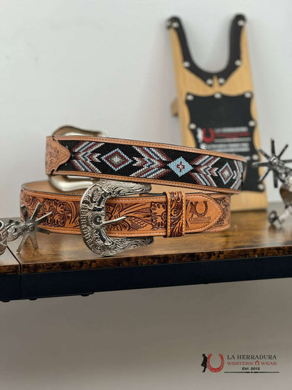 LA HERRADURA BLACK MAROON AZTEC Tan  HANDTOOLED 2 IN BELT