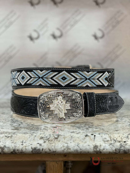 CINTURÓN HERRADURA AZTECA PLATA NEGRA CON CUENTAS 2 PULGADAS SOLAMENTE