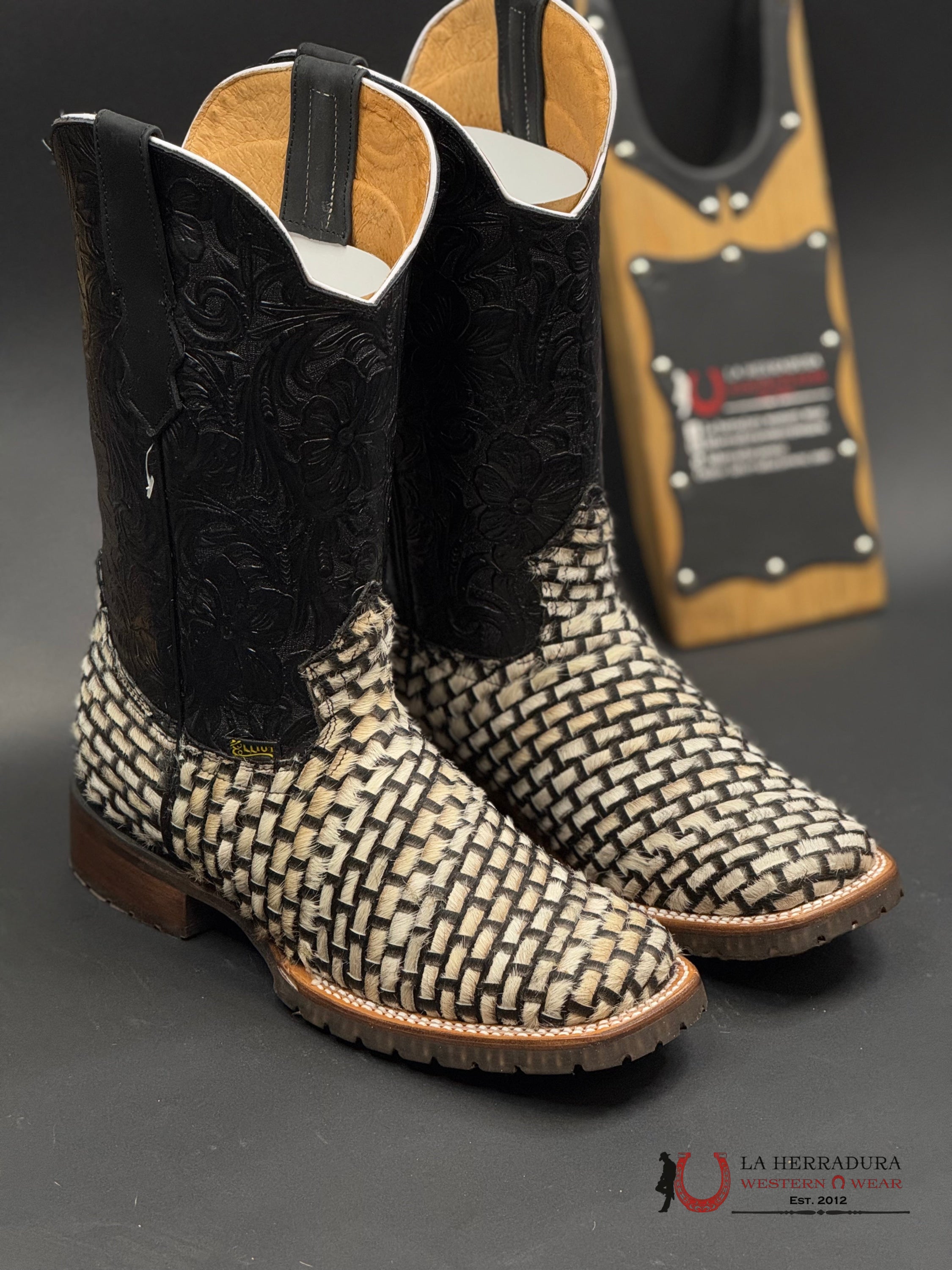 La Herradura Cow Hide Tejido Pelos Blanco Negro Square Toe Boots Botas Hombres