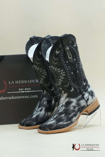 LA HERRADURA EXOTIC COWHIDE BLANCO Y NEGRO BORDADO CHEROKEE PUNTA CUADRADA - ¡CADA PAR ES ÚNICO!
