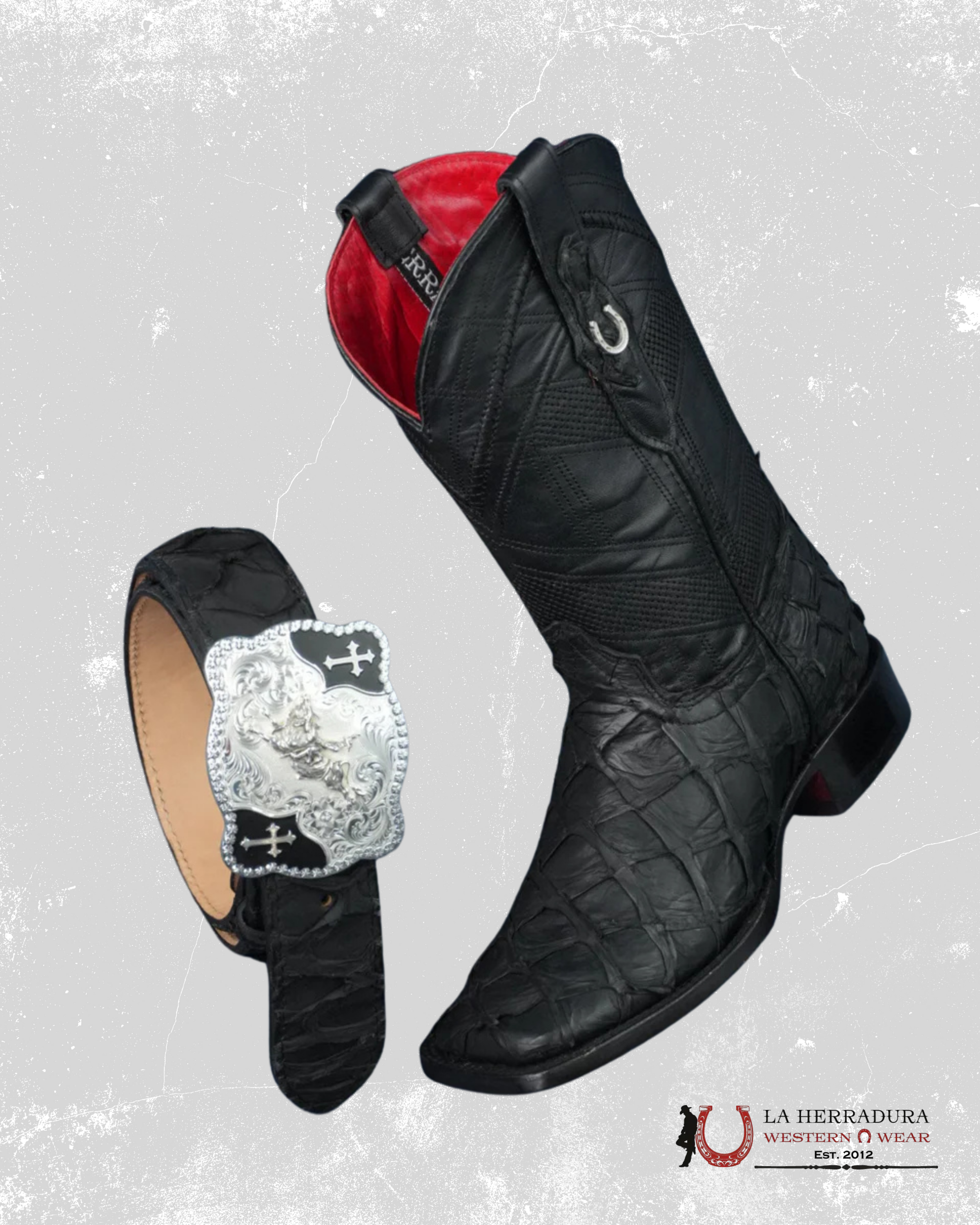 HERRADURA EXOTIC BLACK BIGBASS MATTE RED BOTTOM RUNGO MENS SQUARE TOE BOOT- 6512 BOTAS HOMBRES