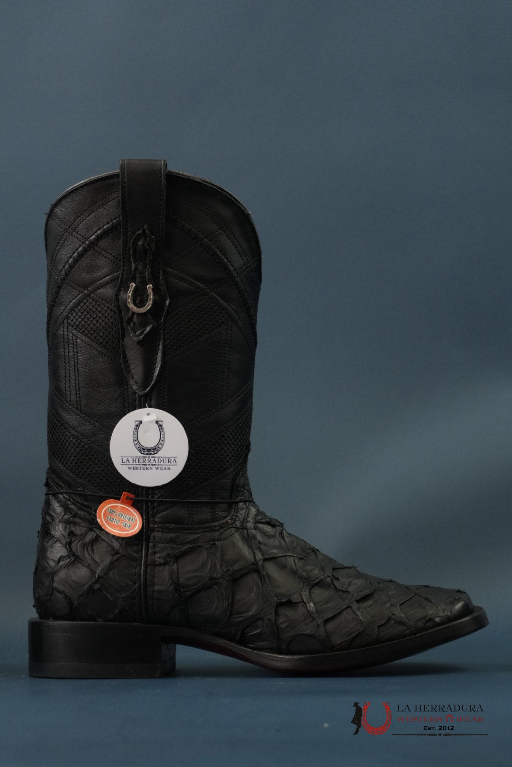 HERRADURA EXOTIC BIGBASS BLACK RUNGO BOOT SQUARE TOE BOTAS HOMBRES