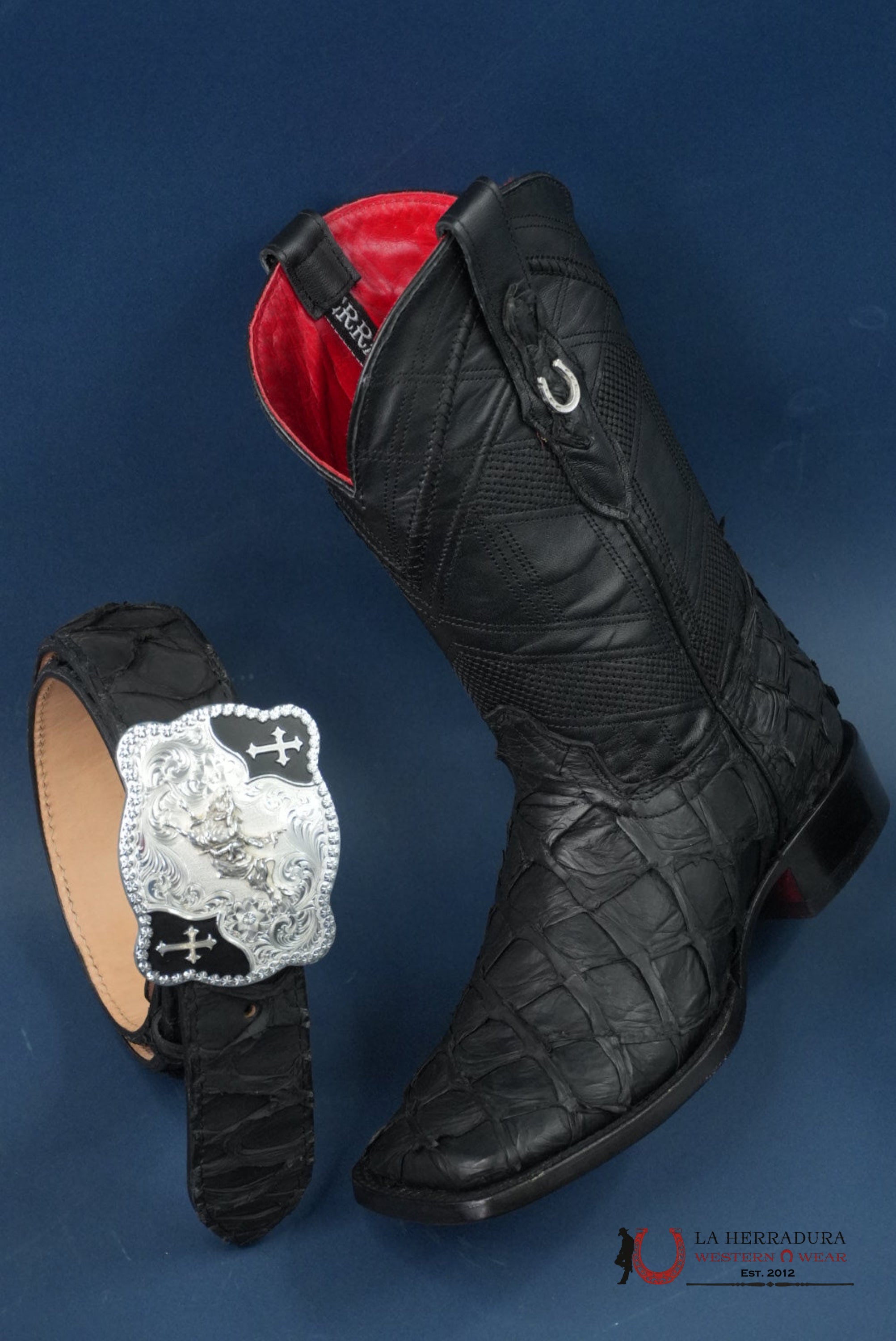 HERRADURA EXOTIC BIGBASS BLACK RUNGO BOOT SQUARE TOE BOTAS HOMBRES