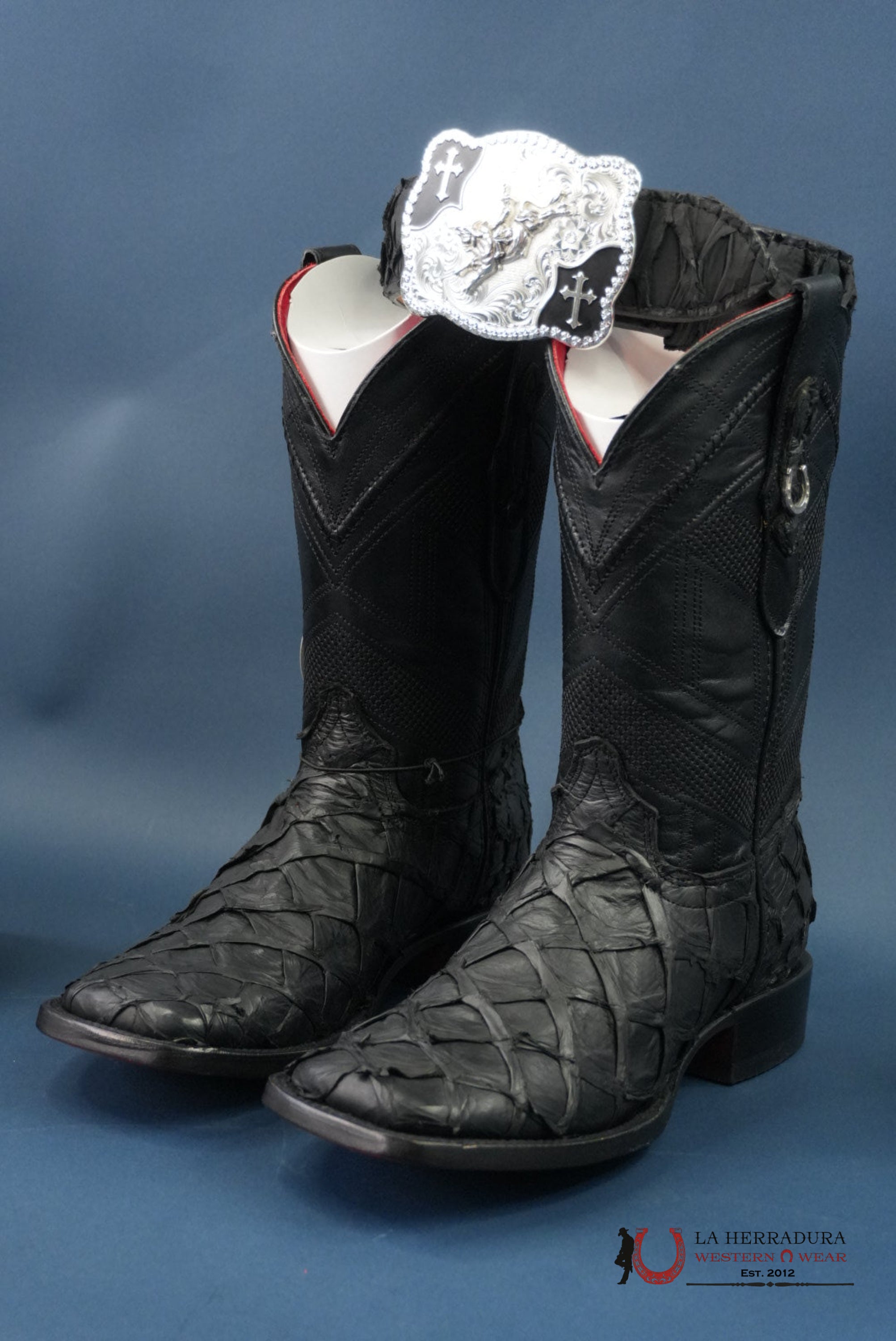 HERRADURA EXOTIC BIGBASS BLACK RUNGO BOOT SQUARE TOE BOTAS HOMBRES