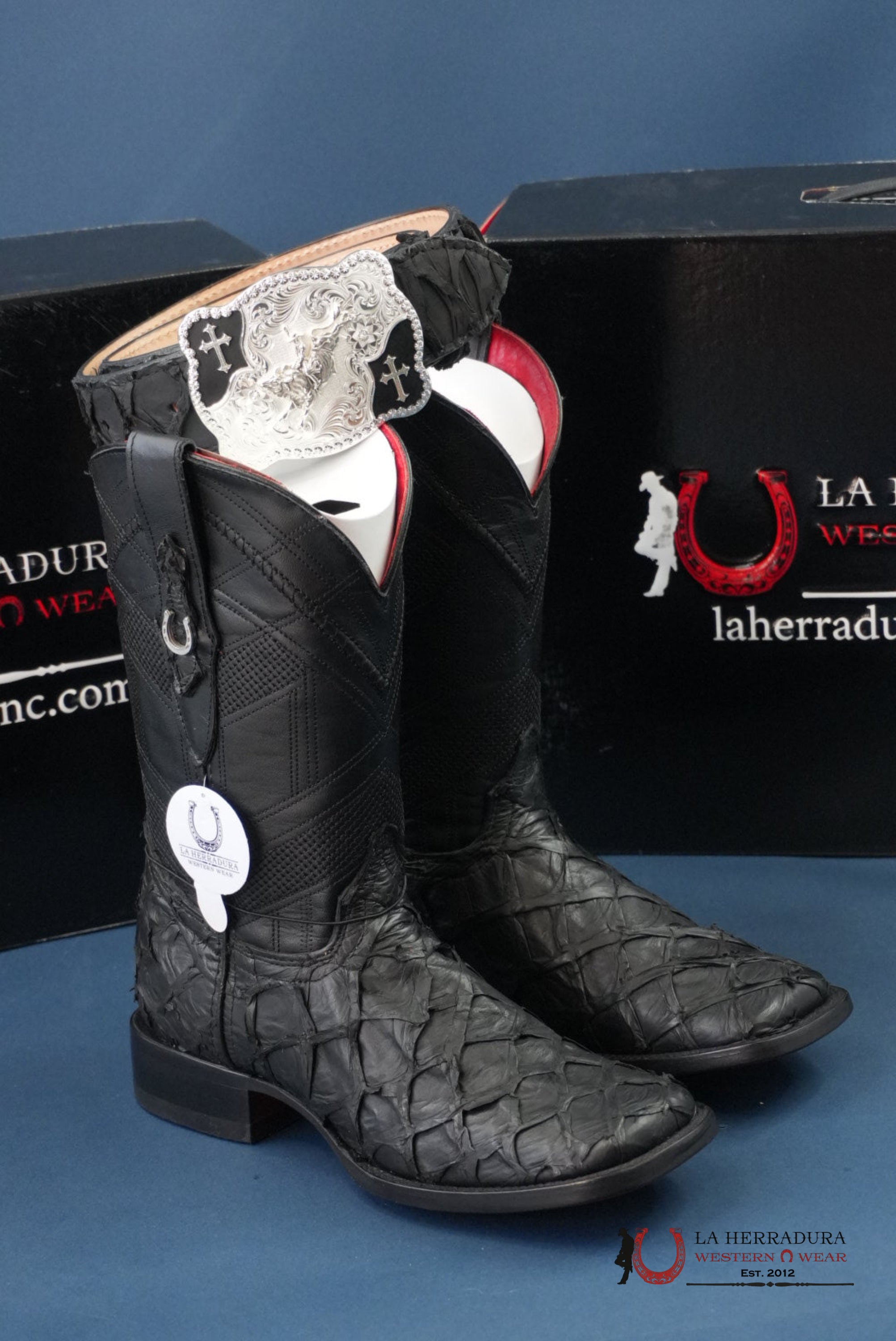 HERRADURA EXOTIC BIGBASS BLACK RUNGO BOOT SQUARE TOE BOTAS HOMBRES