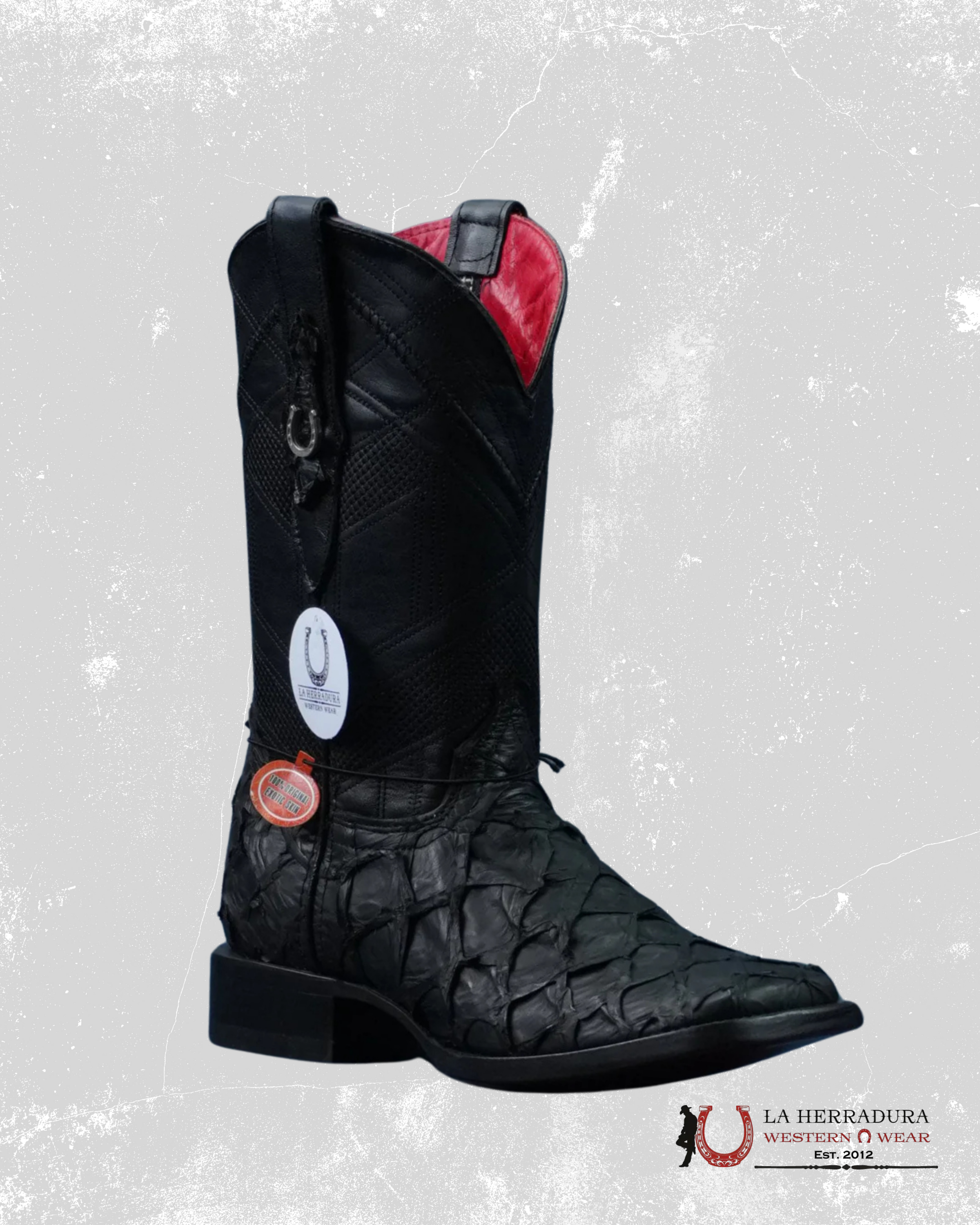 HERRADURA EXOTIC BLACK BIGBASS MATTE RED BOTTOM RUNGO MENS SQUARE TOE BOOT- 6512 BOTAS HOMBRES