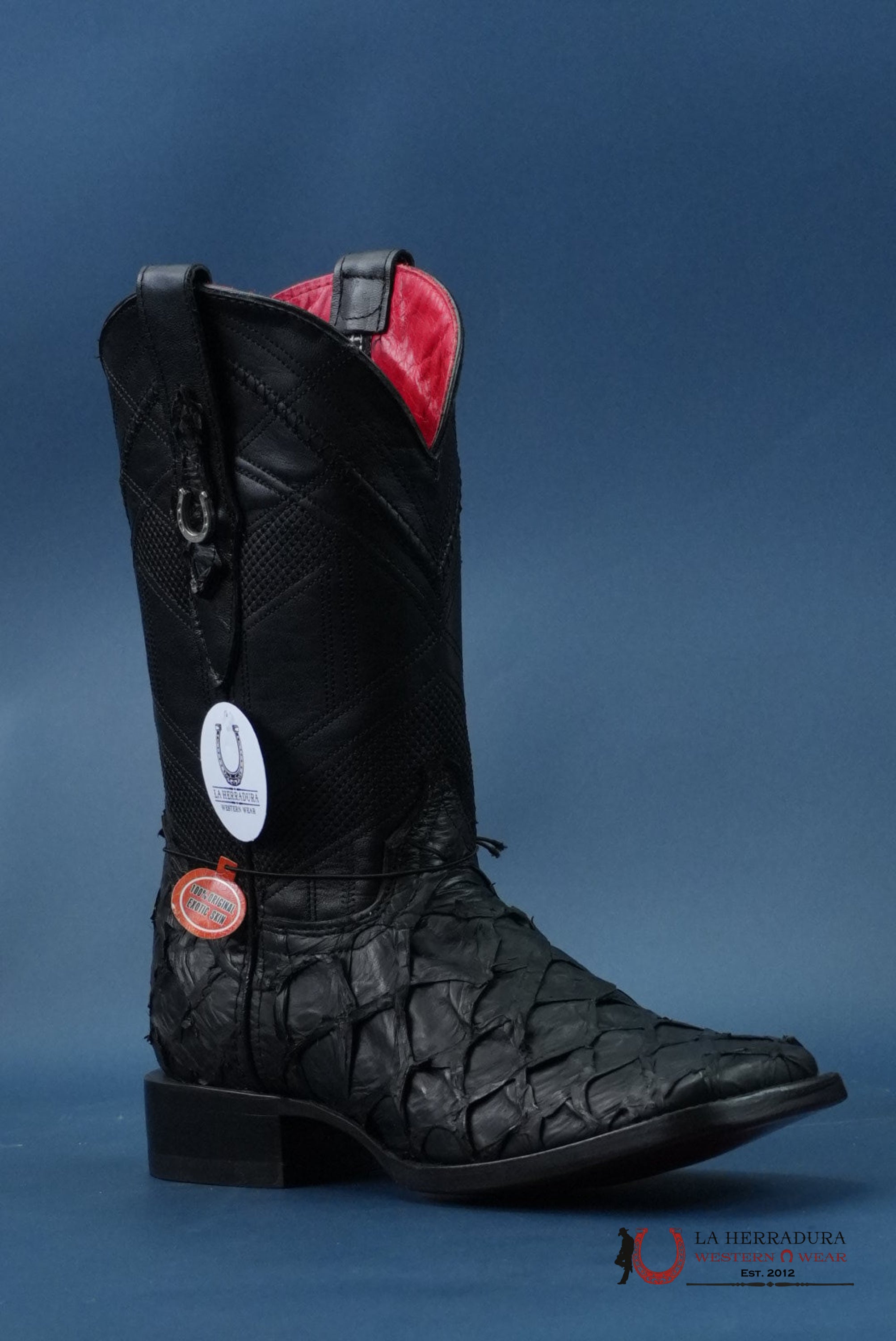 HERRADURA EXOTIC BIGBASS BLACK RUNGO BOOT SQUARE TOE BOTAS HOMBRES