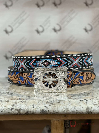 LA HERRADURA ROYAL BLUE AZTEC BEADED CINTURÓN DE 2 PULGADAS SOLAMENTE