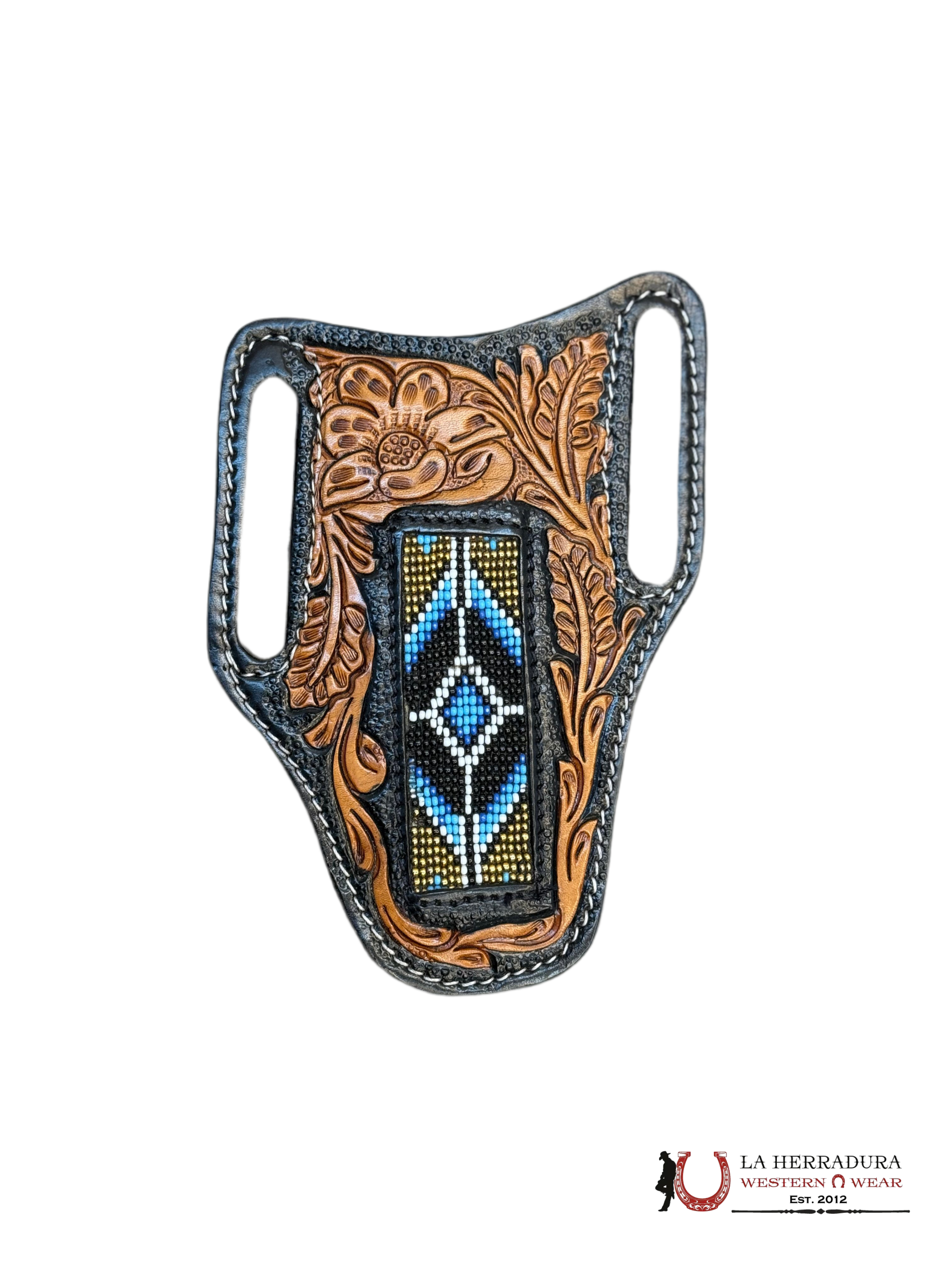 La Herradura Western Wear Black/Tan radge cover with gold design 12