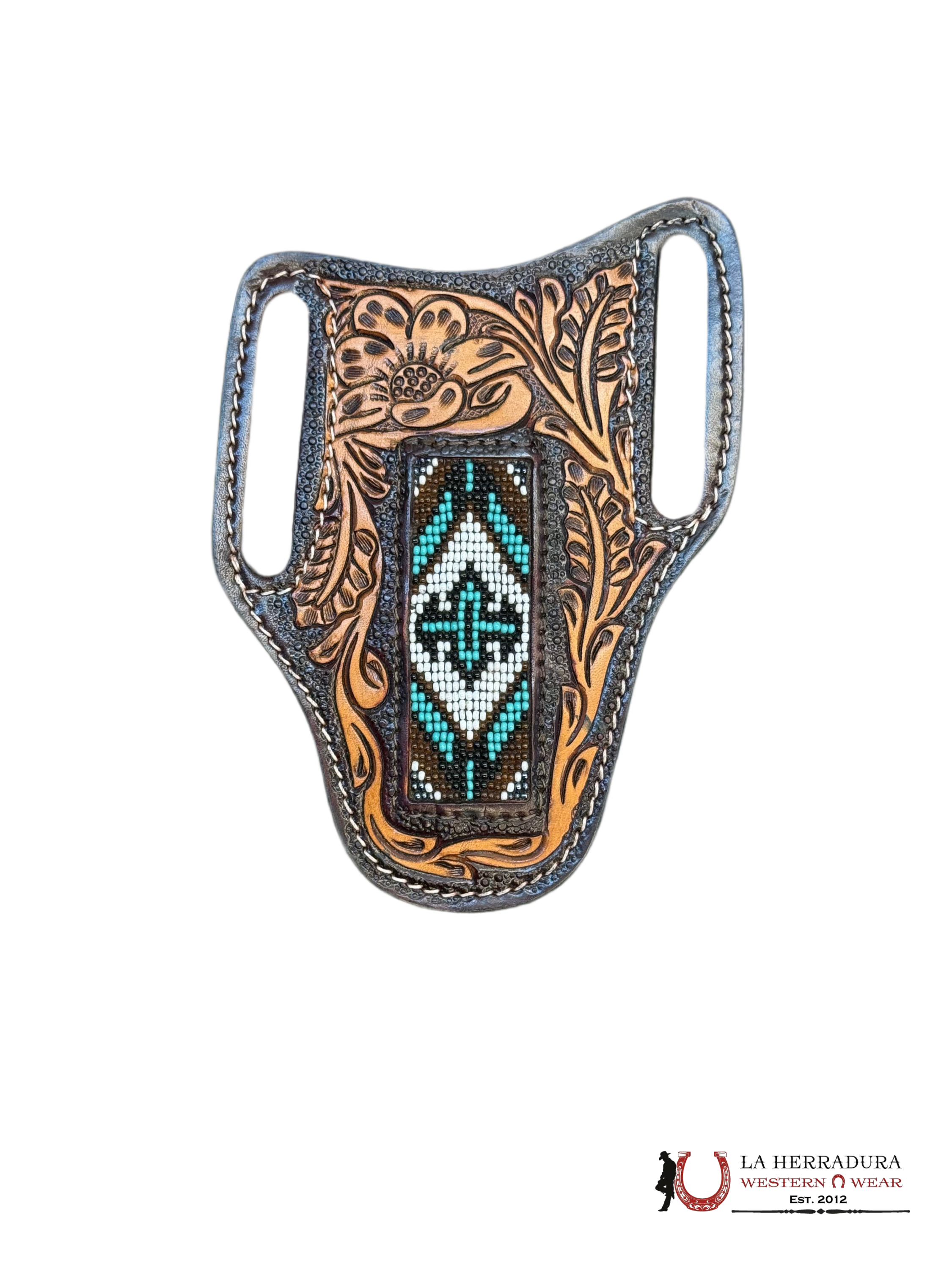 La Herradura Western Wear Burgandy/Tan radge cover with aqua design 11