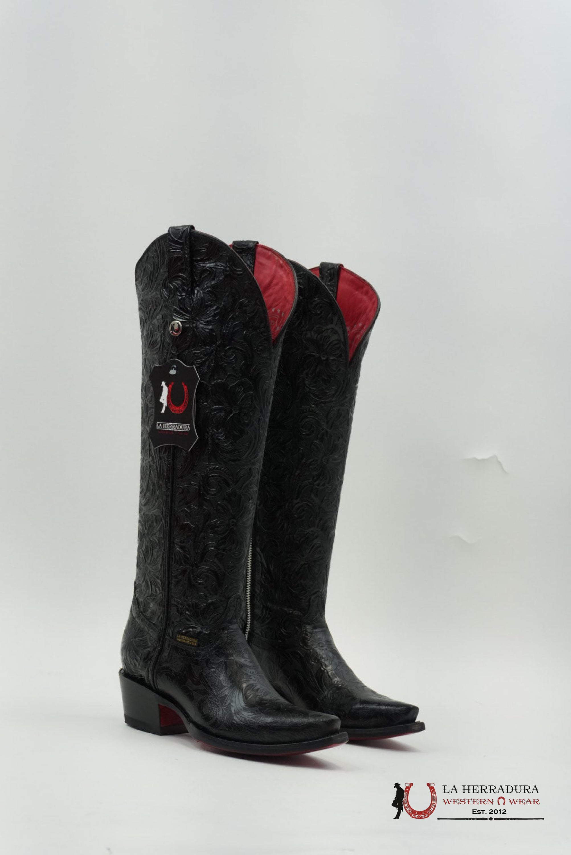 LA HERRADURA WOMEN TALL BOOT NANCY HD CINCELADI NEGRO SNIP TOE RED BOTTOM BOTAS MUJERES