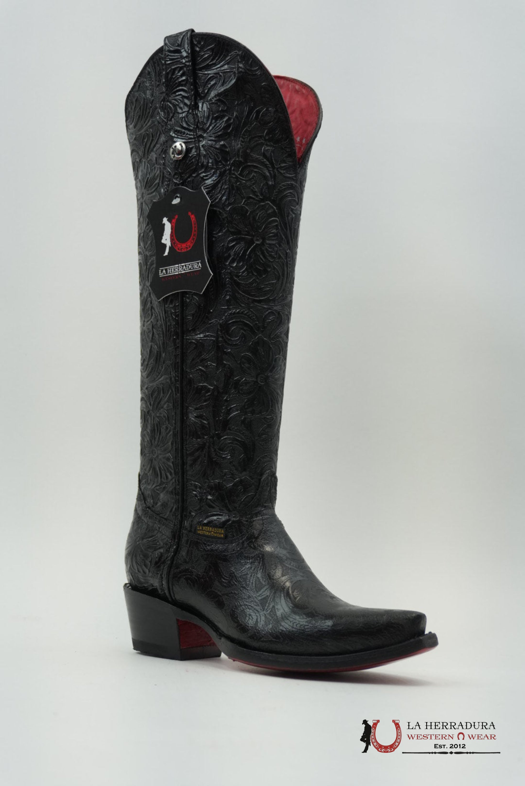 LA HERRADURA WOMEN TALL BOOT NANCY HD CINCELADI NEGRO SNIP TOE RED BOTTOM BOTAS MUJERES