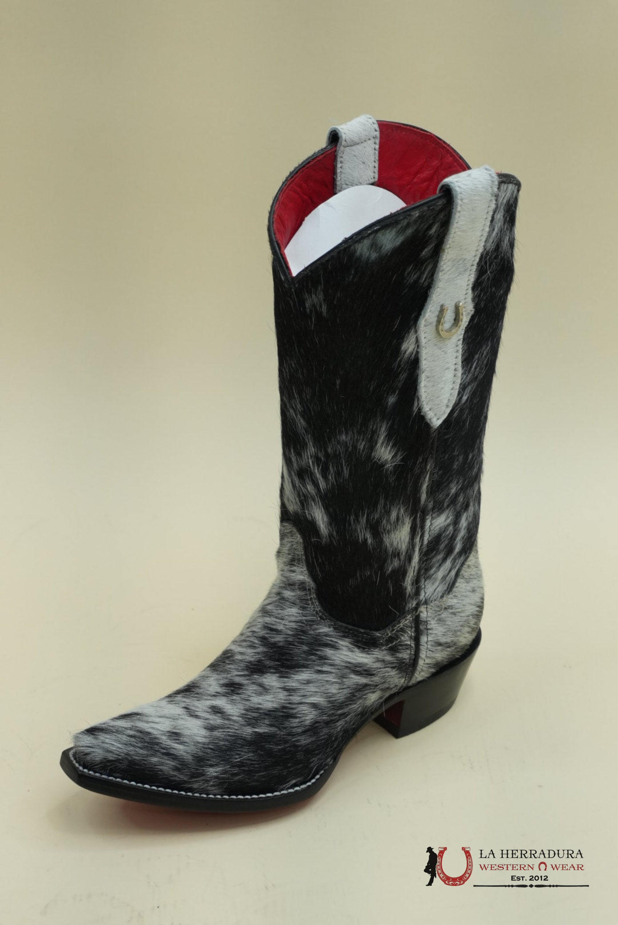 LA HERRADURA WOMEN PELO DE VACA BLANCO/NEGRO RED BOTTOM CHEROKEE NEGRO BOOT POINT TOE EVERY PAIR IS UNIQUE BOTAS MUJERES