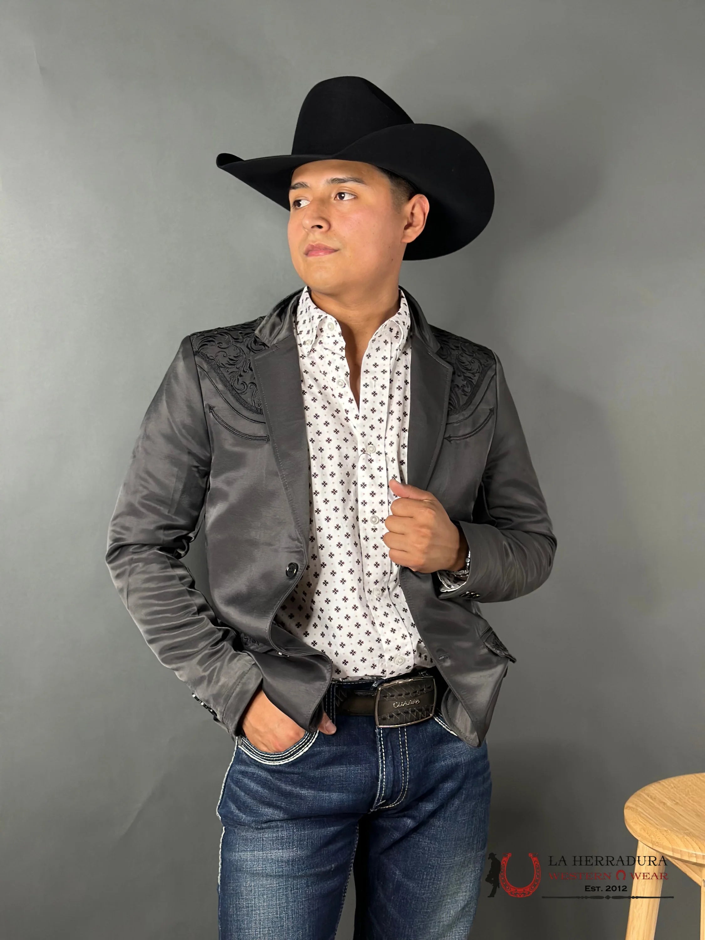 Lamasini Charcoal Embroidered Smooth Blazer Lam494-116 Ropa Hombres