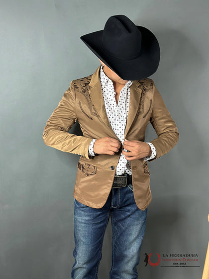Saco Lamasini Bordado Mostaza/Café para Hombre – LAM505