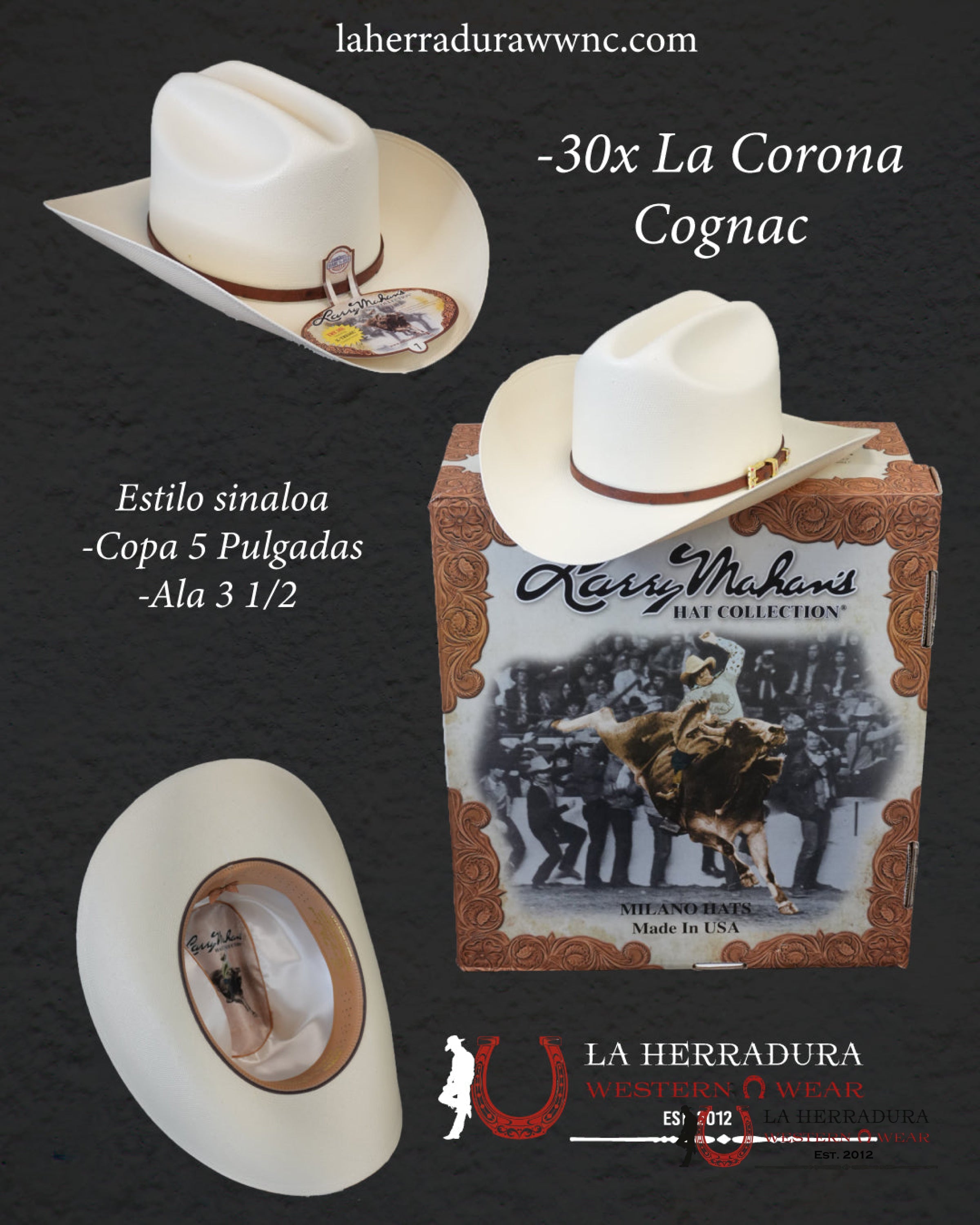 Larry Mahan’s Straw Hats Corona Cognac Sinaloa Style 30X Copa alta TEJANA