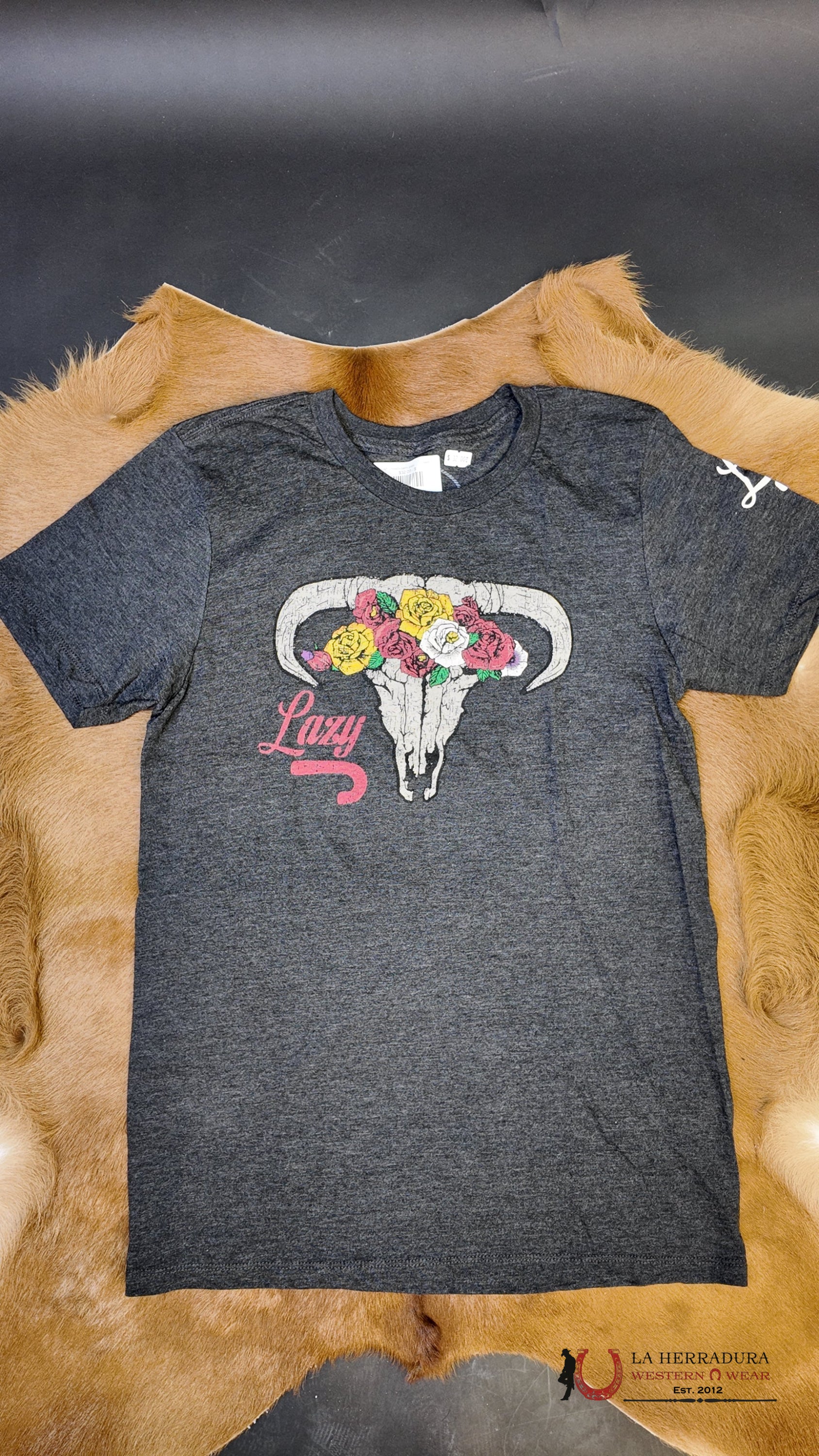 LAZY J RANCH DARK GREY T SHIRT LONGHORN ROSES ROPA HOMBRES
