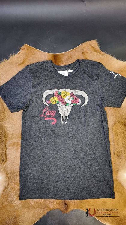 WOMENS LAZY J RANCH DARK GREY TSHIRT W/ LONGHORN ROSES