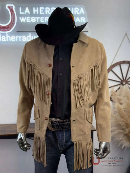 CHAQUETA DE CUERO GENUINO MARRÓN CLARO CON FLECOS PARA HOMBRE