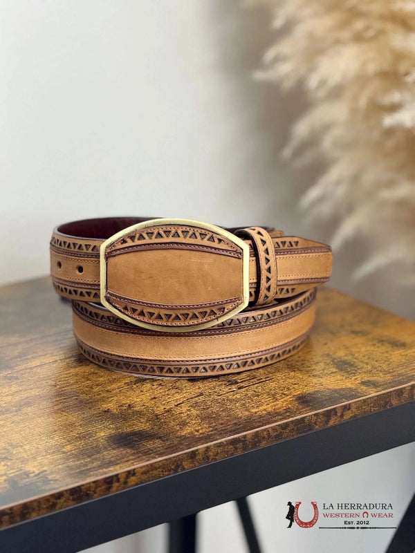 LIGHT BROWN TRIANGLE STITCHED MEN BELT GOLD ROUND BUCKLE