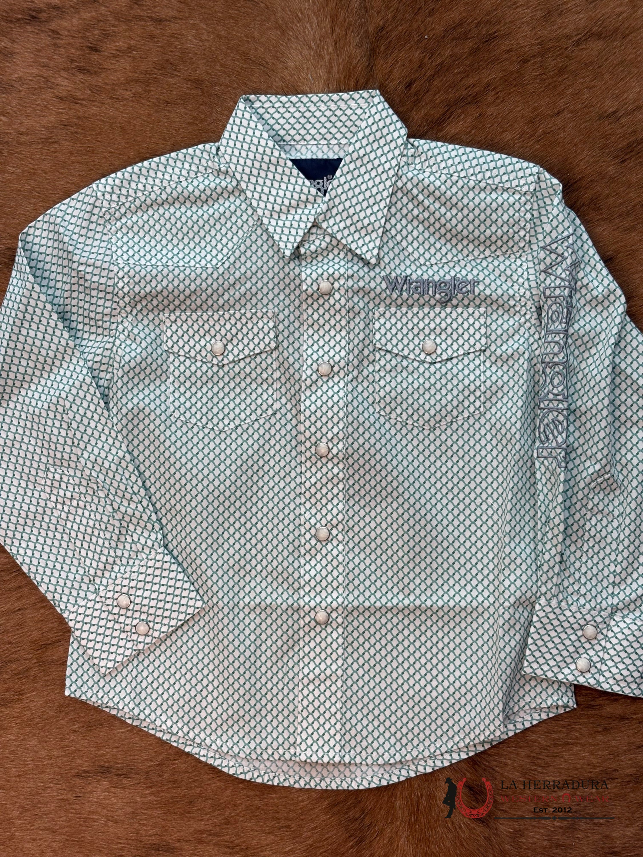 LITTLE BOY’S WRANGLER WHITE/GREEN LONG SLEEVE SHIRT- 112367718 NIÑOS