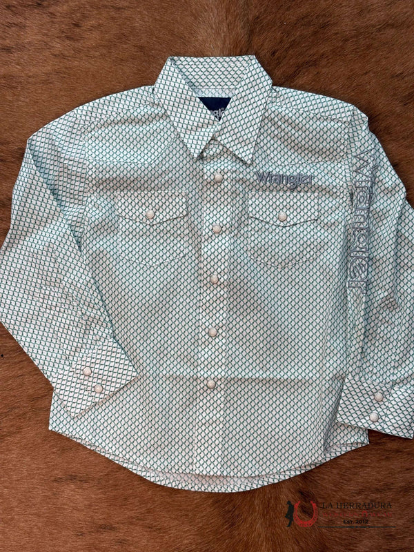 LITTLE BOY'S WRANGLER WHITE/GREEN LONG SLEEVE SHIRT- 112367718