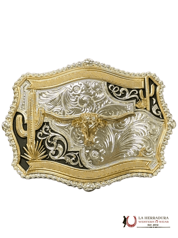 LONG HORN CACTUS BLACK ABD GOLD SQUARE BUCKLE