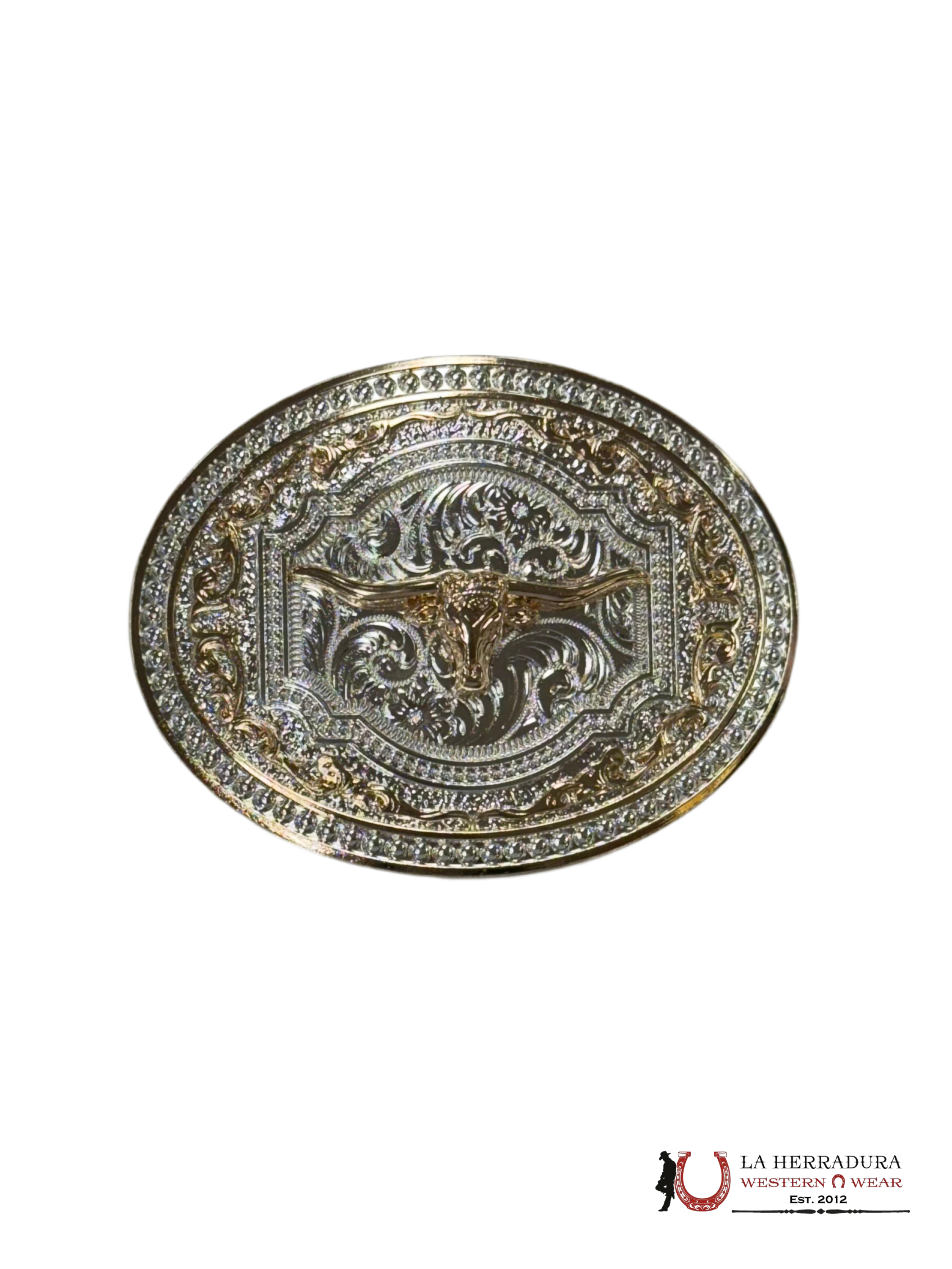 LONG HORN SILVER AND GOLD DETAILS ROUND BUCKLE ACCESORIOS