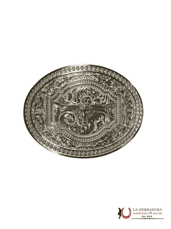 LONG HORN SILVER AND GOLD DETAILS ROUND BUCKLE