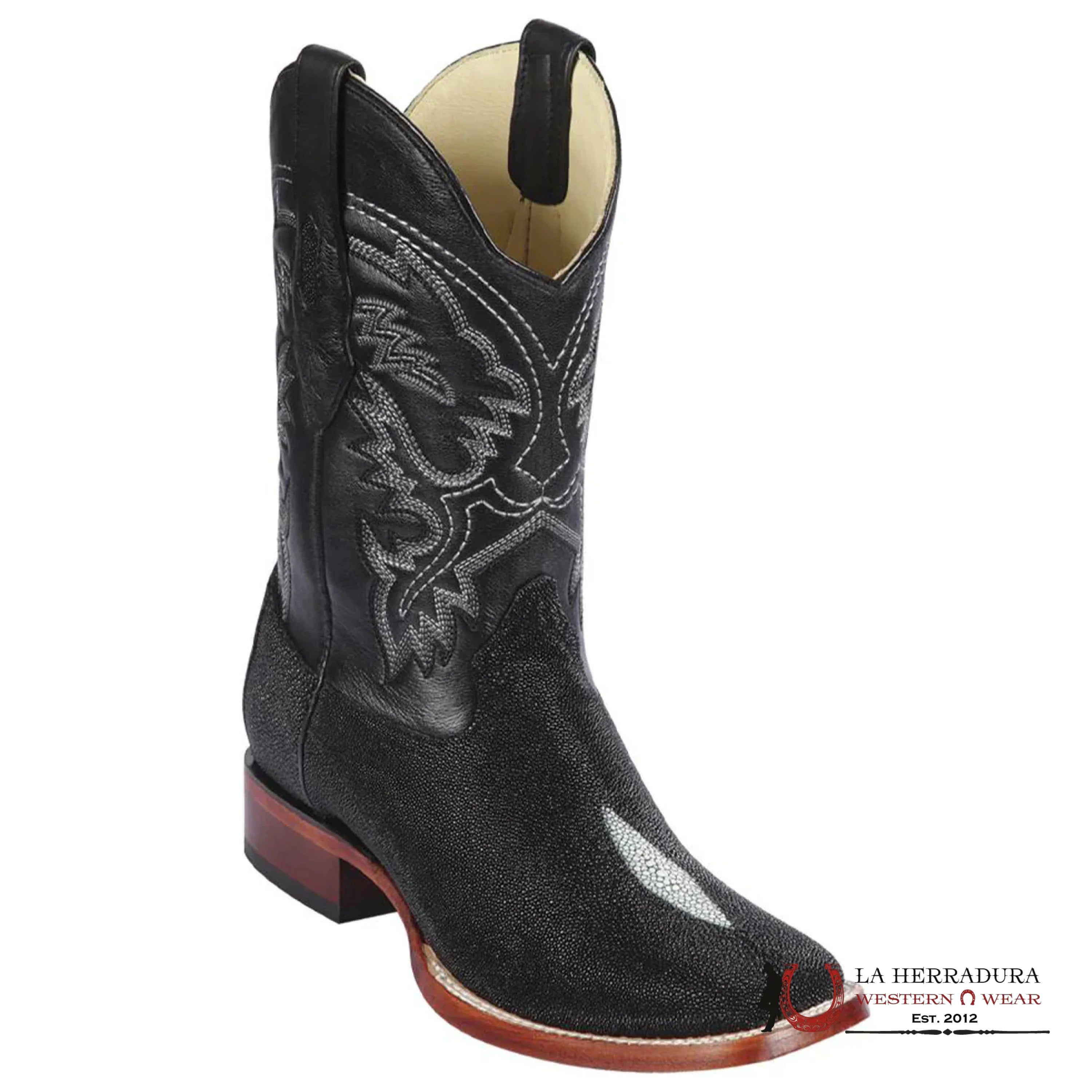 LOS ALTOS BLACK STINGRAY SINGLE STONE WIDE SQUARE TOE COWBOY BOOTS BOTAS HOMBRES