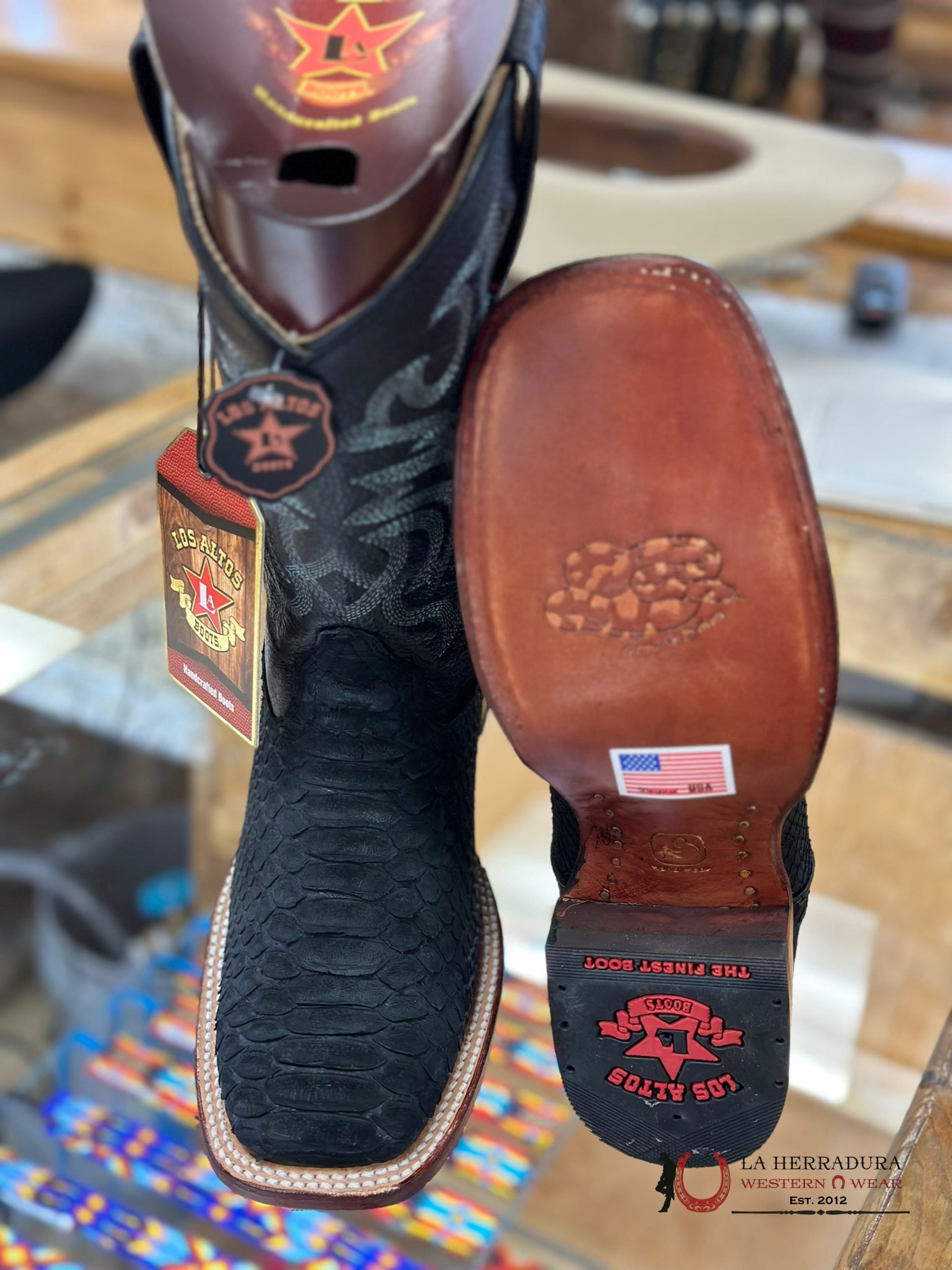 Los Altos Mens Boots Square Toe Python Black Botas Hombres