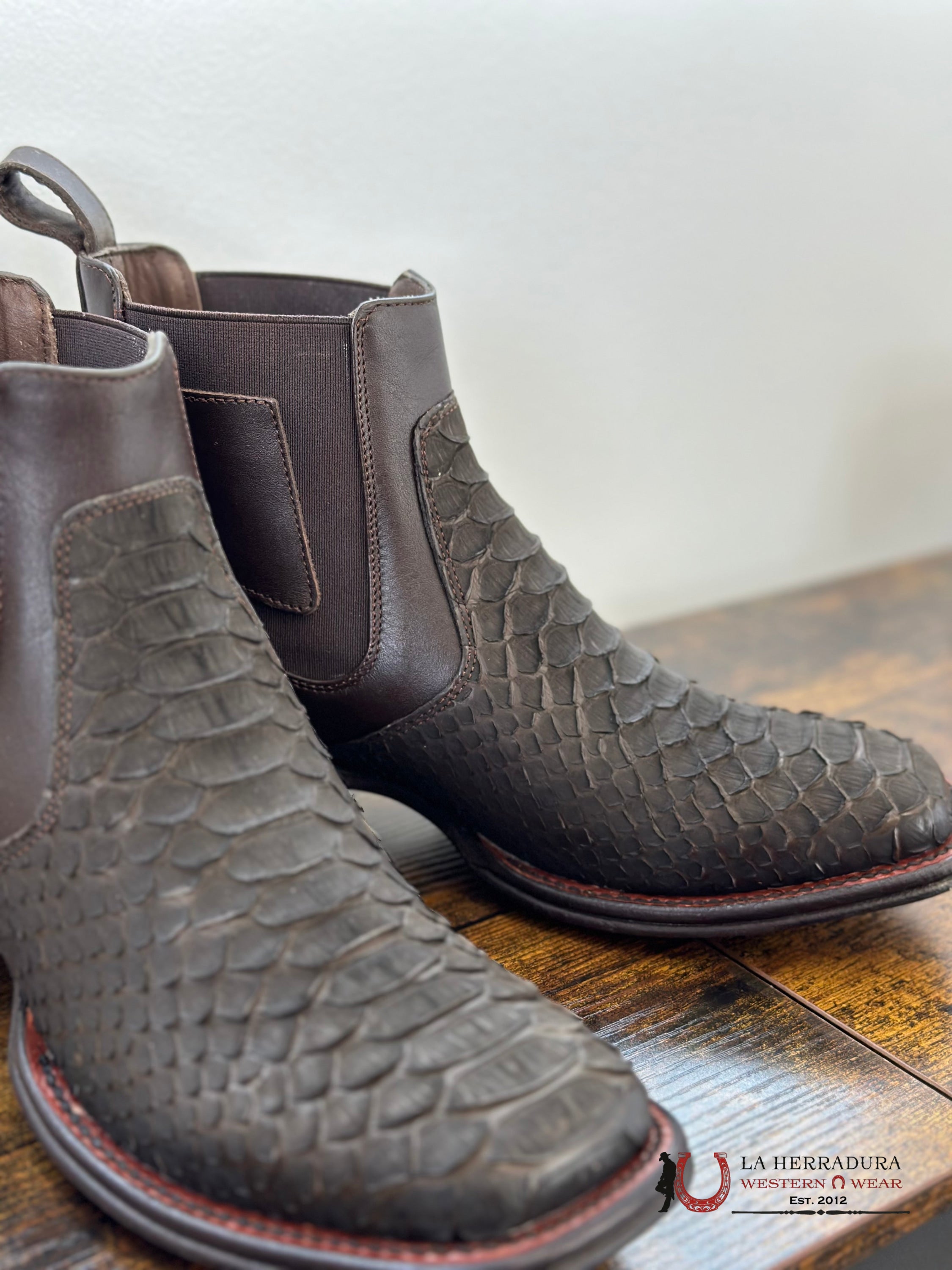 Los Altos Men Python Nobuck Brown Square Toe Short Boot Botas Hombres