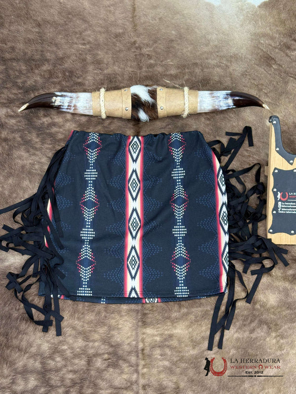 Lucky And Bleesed Black With Multi Color Aztec Print With Fringe Skirt