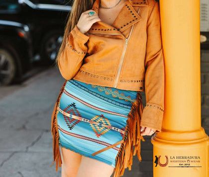Falda Azul de la Suerte y Bendecida con Estampado Azteca Multicolor y Flecos
